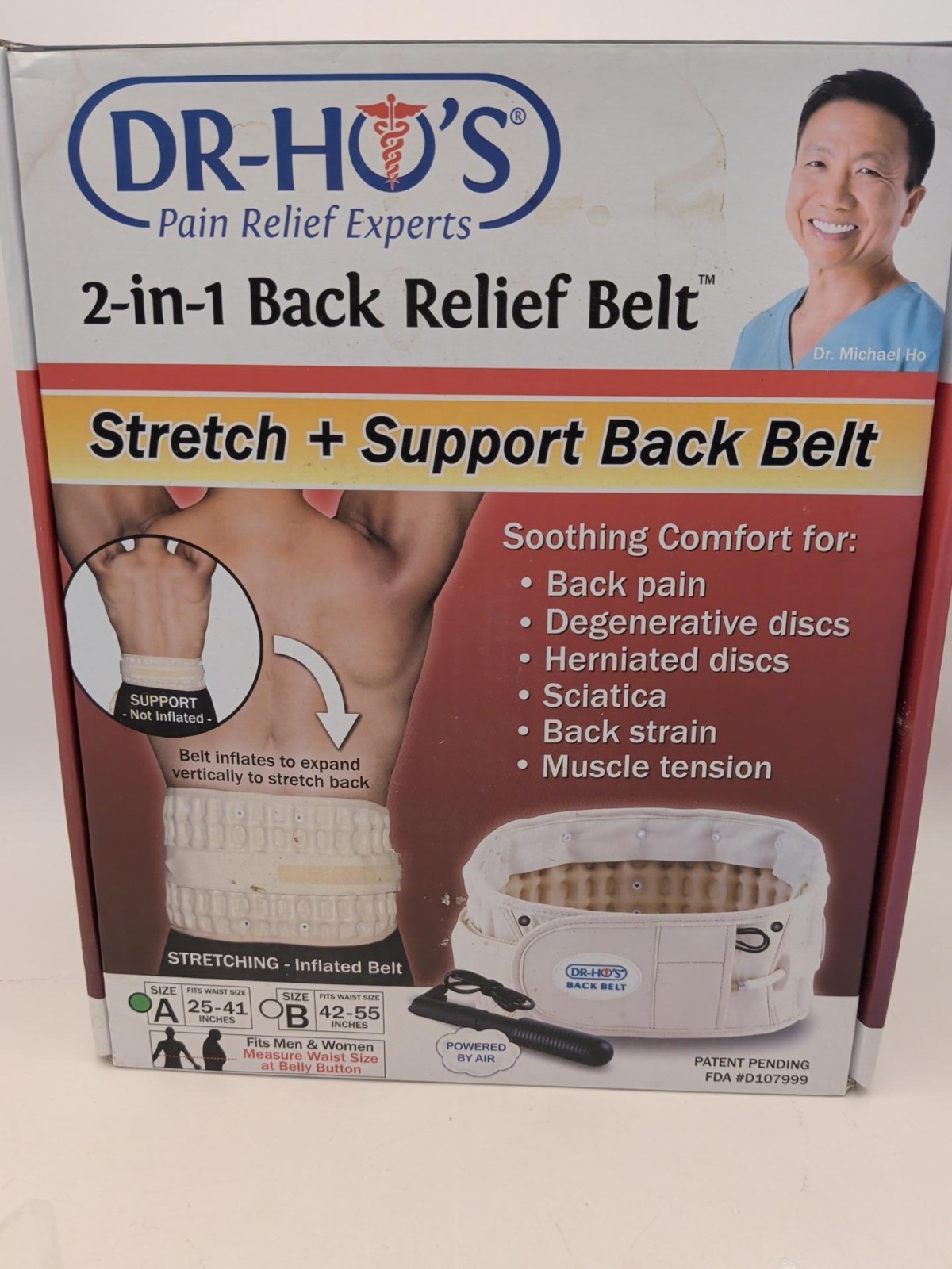 DR-HO’S 2-in-1 Back Relief Belt Size A 25-41″ Inflatable Support NEW