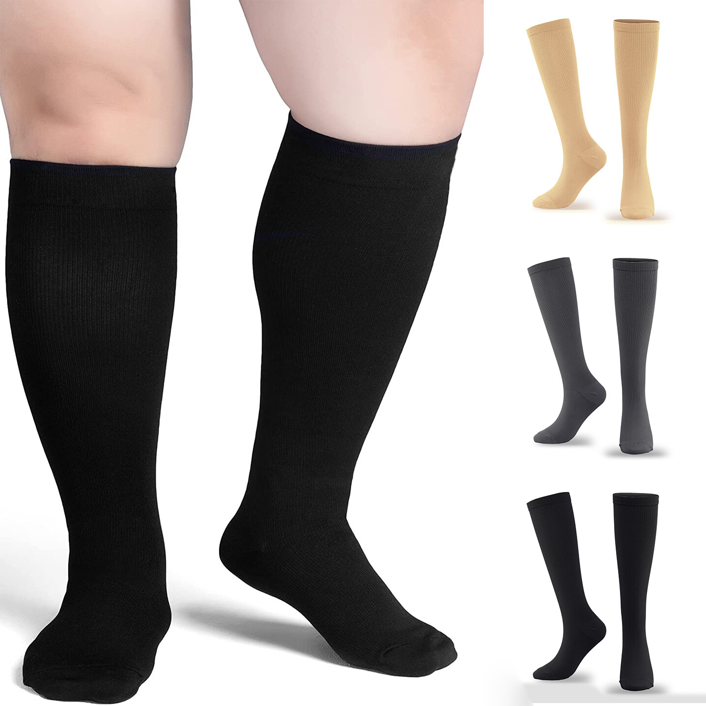 S-XXL 3XL Wide Calf Plus Size Compression Socks 15-20mmHg, Stretch to 24 Inches