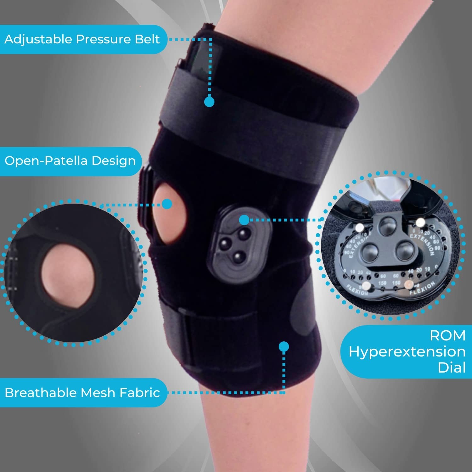 Hinged Knee Brace, Knee Immobilizer with Locking Dials & Side Stabilizers
