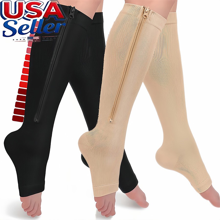 1/3-PAIRS Zip UP Compression Socks 15-20 mmHg Knee High Toeless Varicose Vein