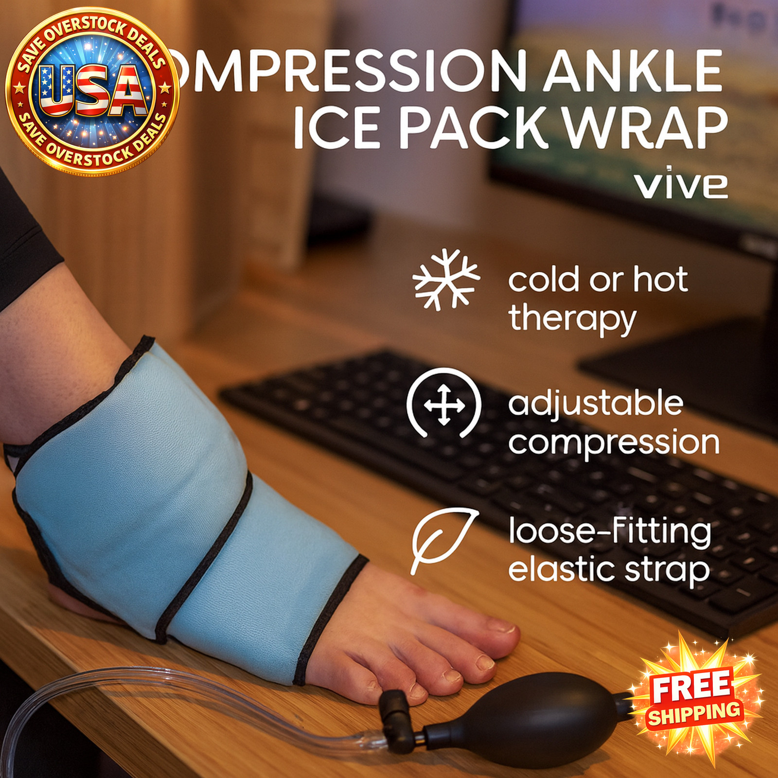 Vive Compression Ankle Ice Pack Wrap – Reusable Gel for Pain Relief