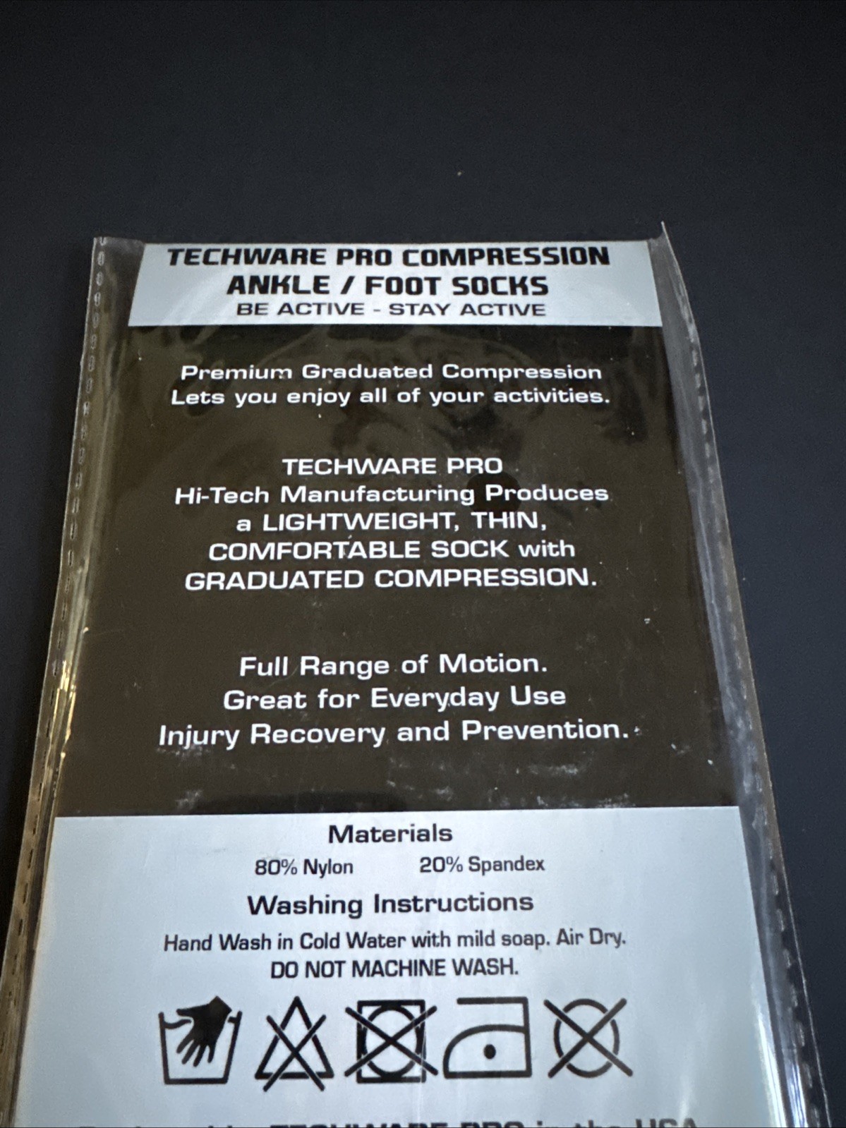 TechWare Pro Compression Ankle/Foot Socks- Size M Unisex; 1 Pair Black/Grey