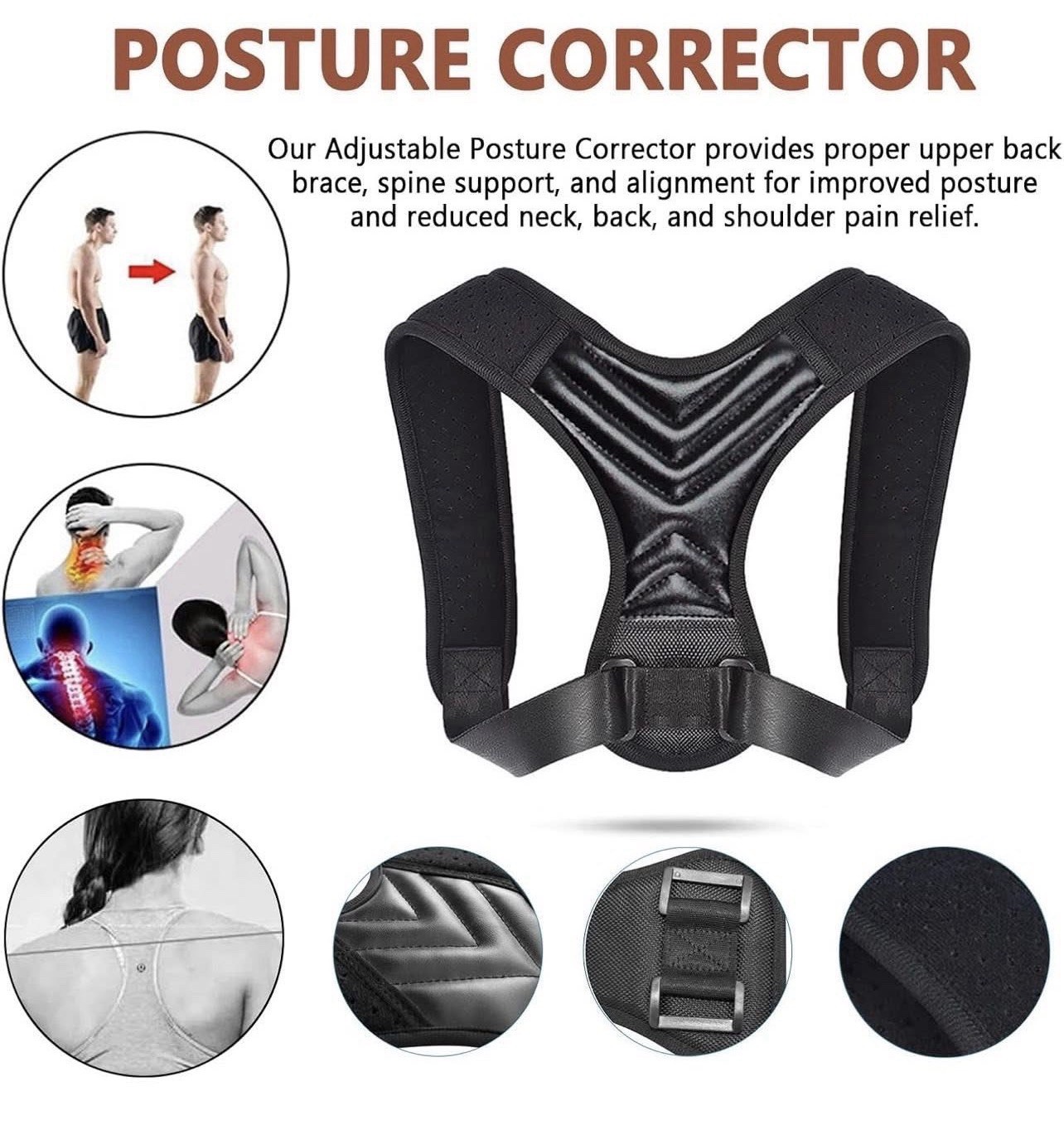 Adjustable Breathable Back Posture Corrector Brace, Nylon, Chest 27-46 in, Black