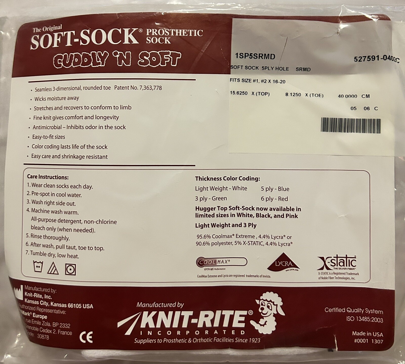 Knit-Rite Prosthetic Soft White Sock Fits 1, 2/16″-20″ L Item 1SP5SRMD Coolmax