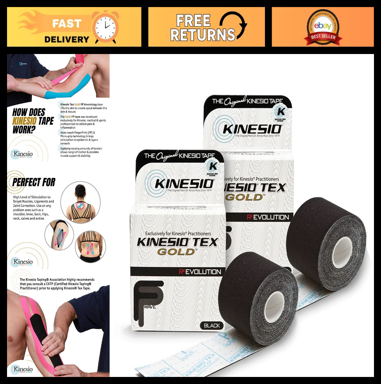 Elastic Therapeutic Kinesiology Tape – Black 2″ x 16.4ft – 2 Pack for Sports Inj