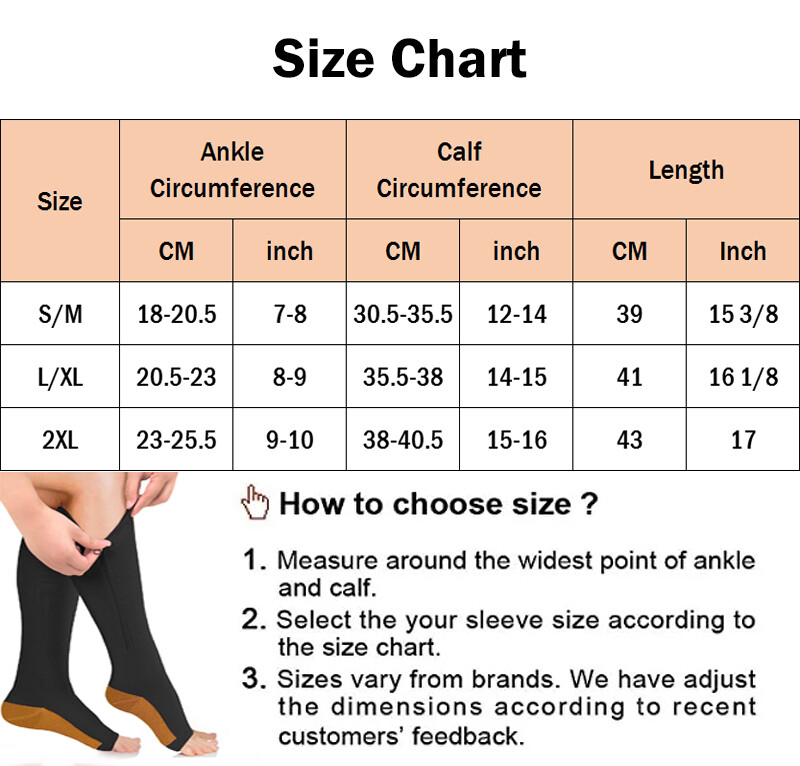 Copper Zipper Compression Socks Supports Stockings Open Toe Men&Women 20-30mmHg