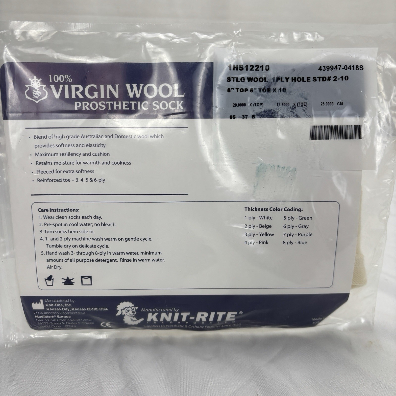 2 NEW – Knit-Rite 100% Virgin Wool Prosthetic Sock 1 Ply 8″ Top 5” Toe x 10 USA