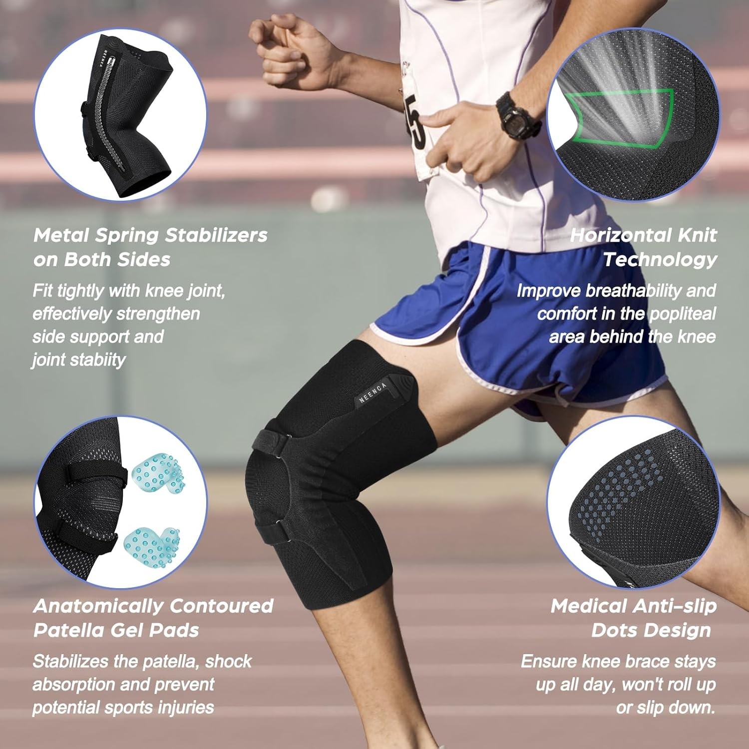 Knee Support Sleeve with Patella Strap, Non-Slip Stabilizers for Injury Recovery