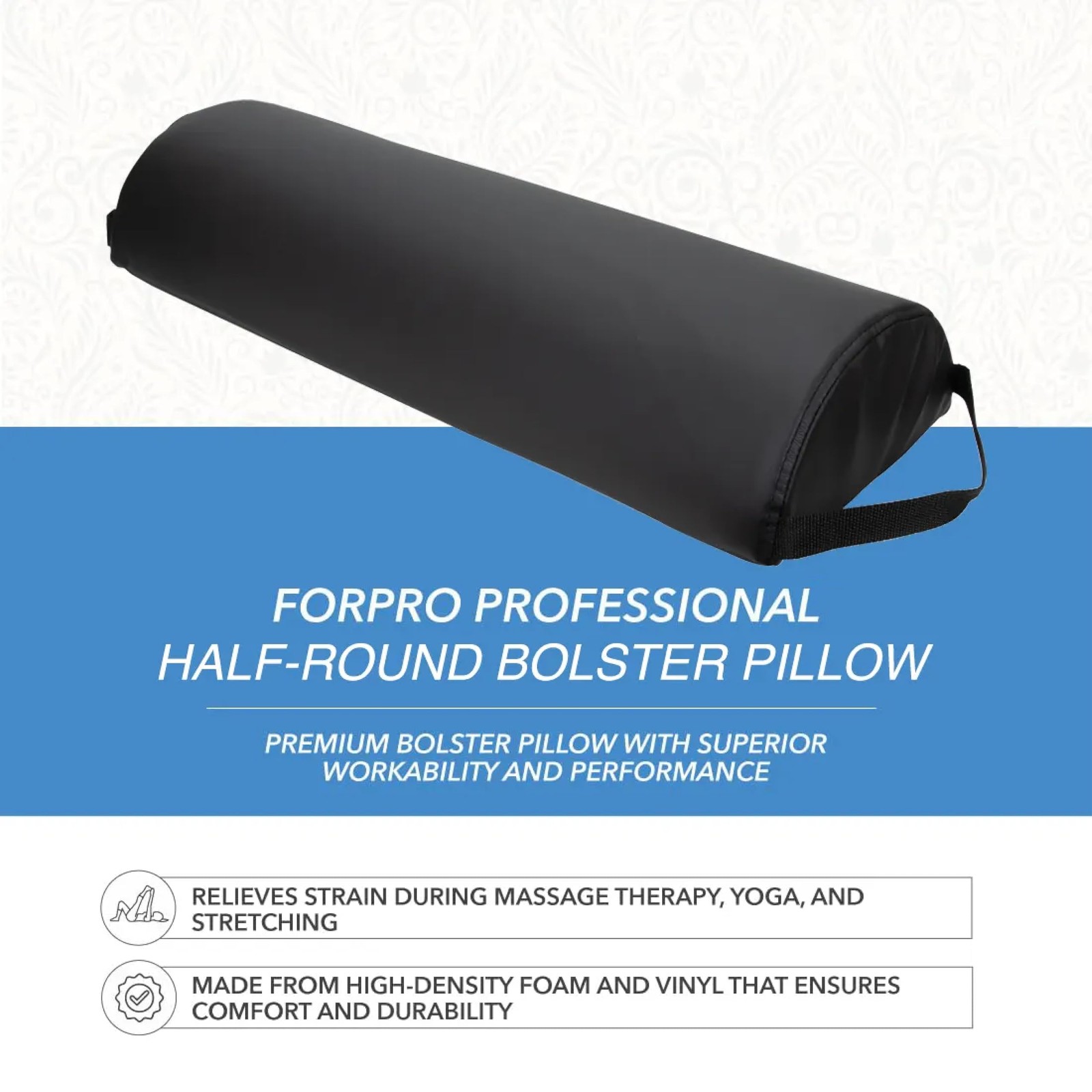 ForPro Premium Jumbo Half-Round Bolster Pillow 9” W x 4.5″ H x 26” L, Black