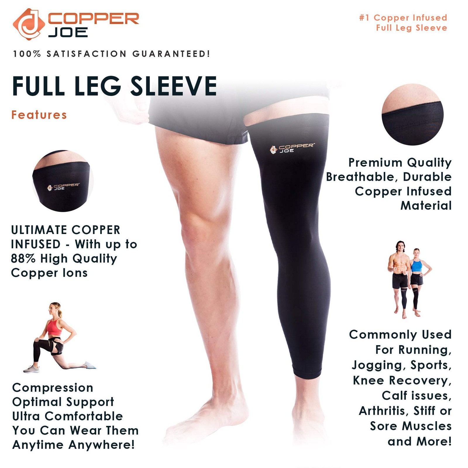 Full Leg Compression Sleeve Knee Calf Running Basketball Men Women Copper Joe