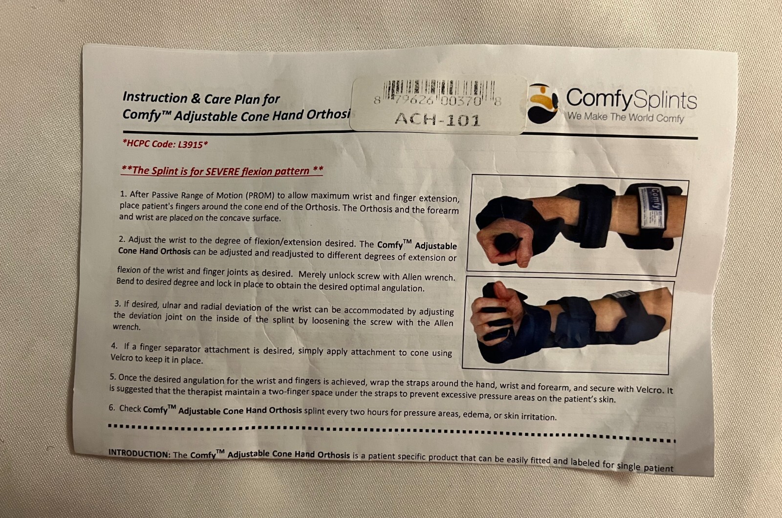 ACH-101 Comfy Splint Adjustable Cone Hand Splint Brace Orthosis – New