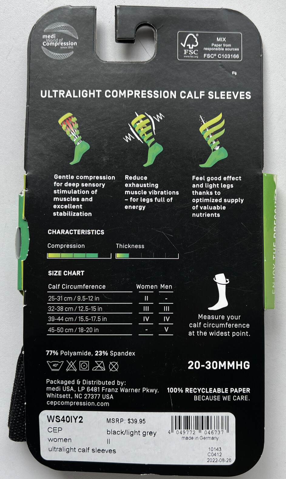 CEP UltraLight Compression Calf Sleeves Womens Size || Sm Black/Light Grey