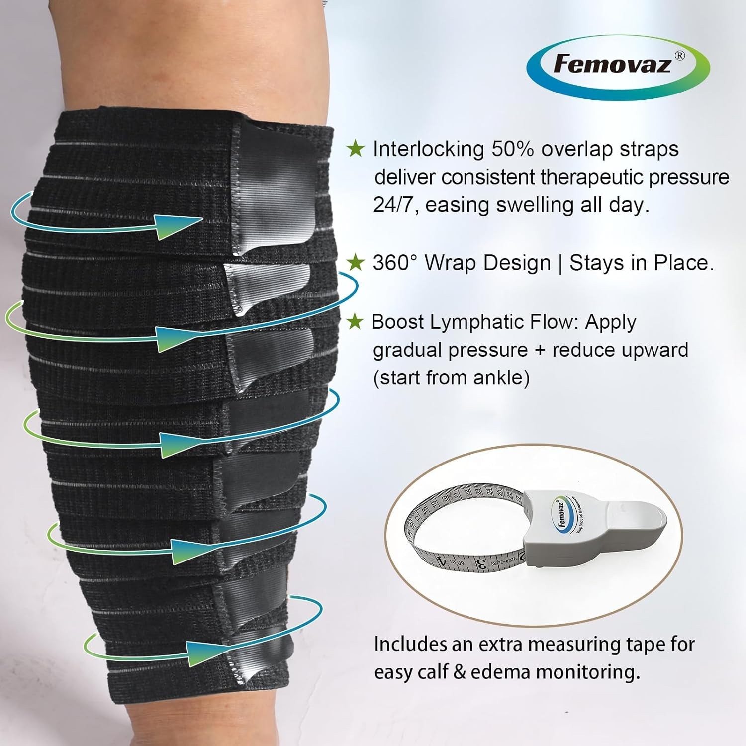 Femovaz Adjustable Calf Compression Wrap Lymphedema Edema Support Black Medium