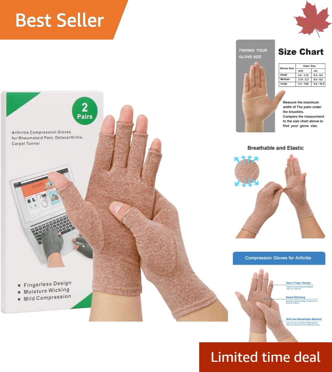 Arthritis Compression Gloves – Gentle Relief, Open Finger Design – 2 Pair Medium