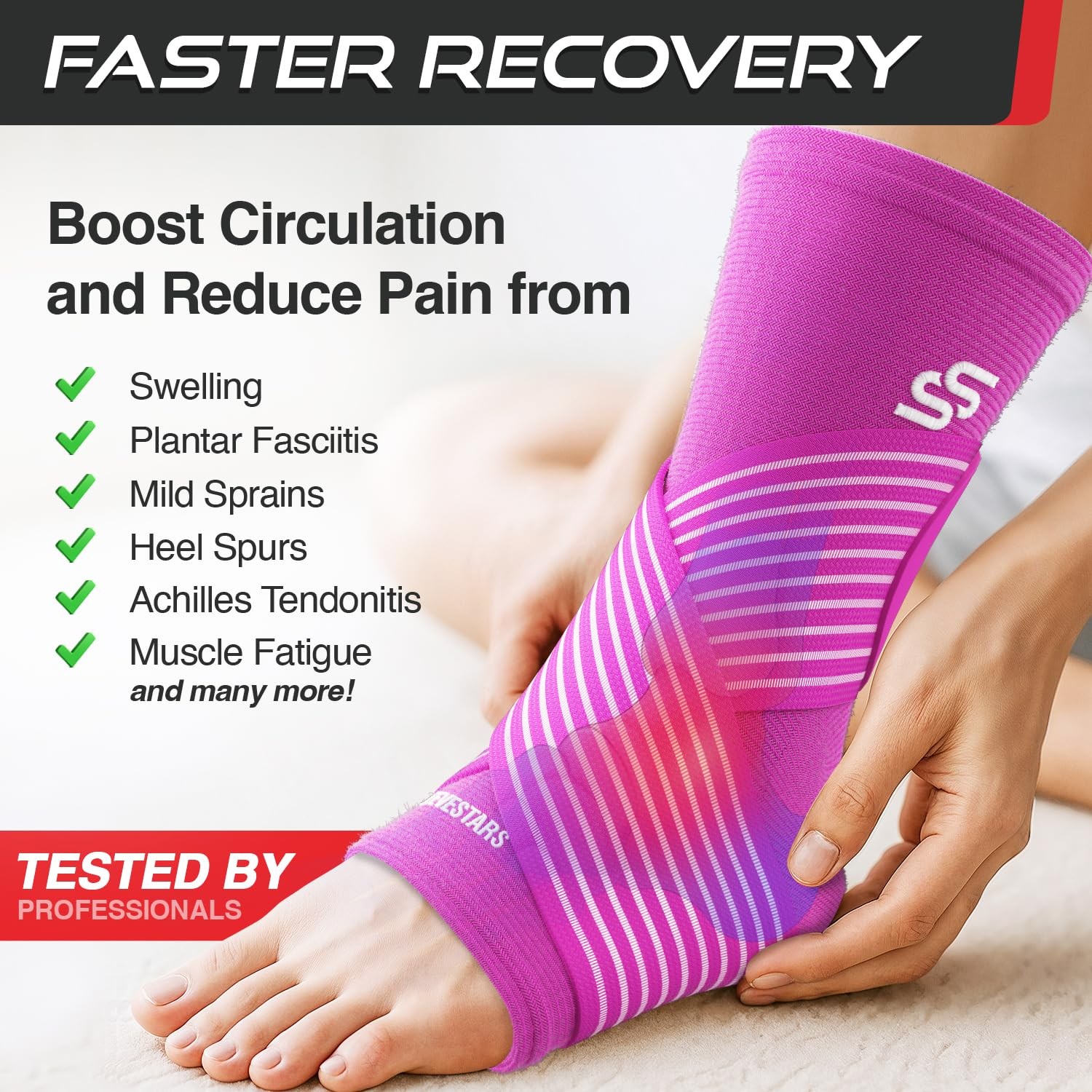 Ankle Brace Compression Sleeve Removable Strap L 12-13in Hot Pink Support