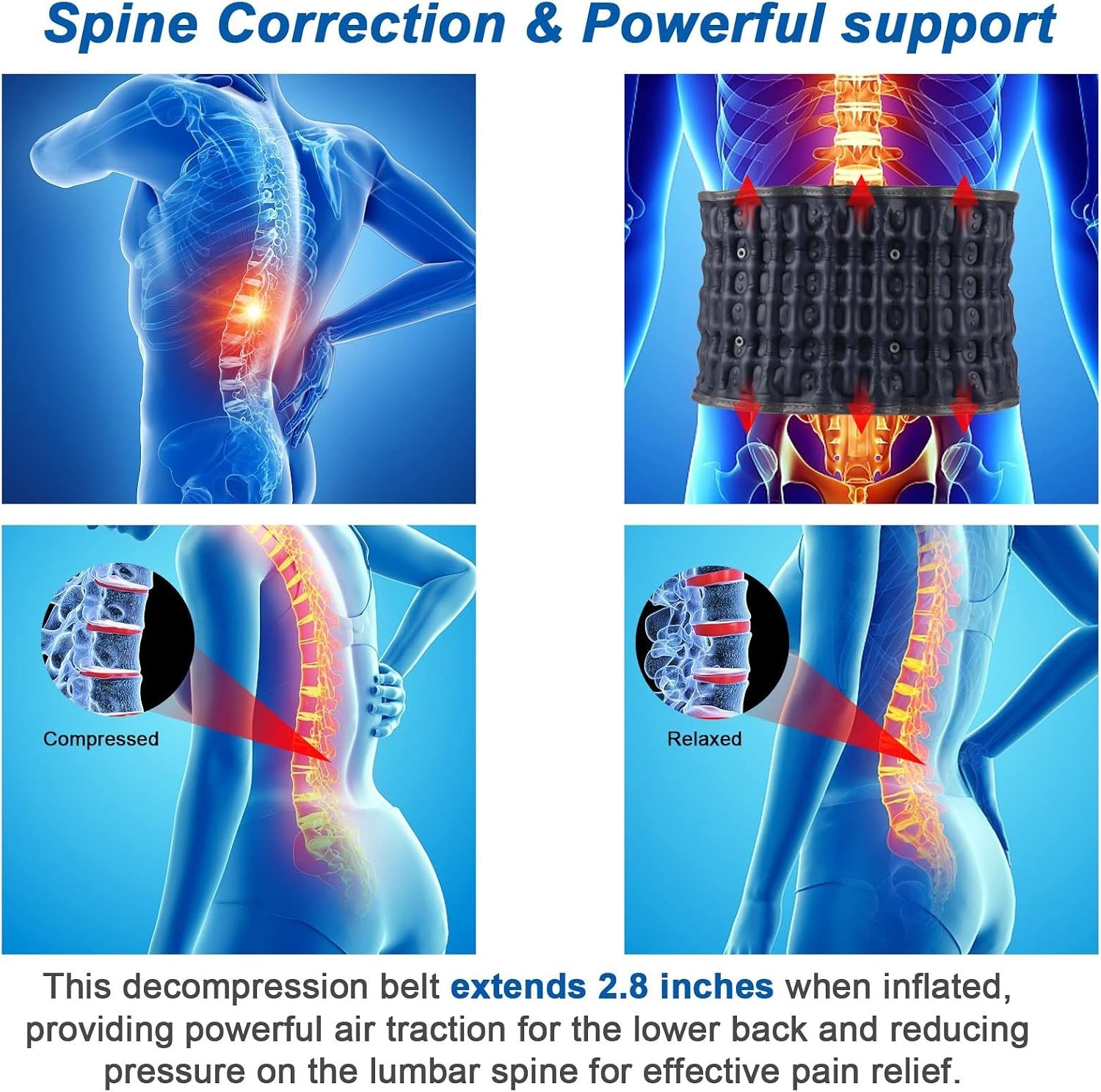 Inflatable Lumbar Support Belt, One Size, Blue, Hook and Loop