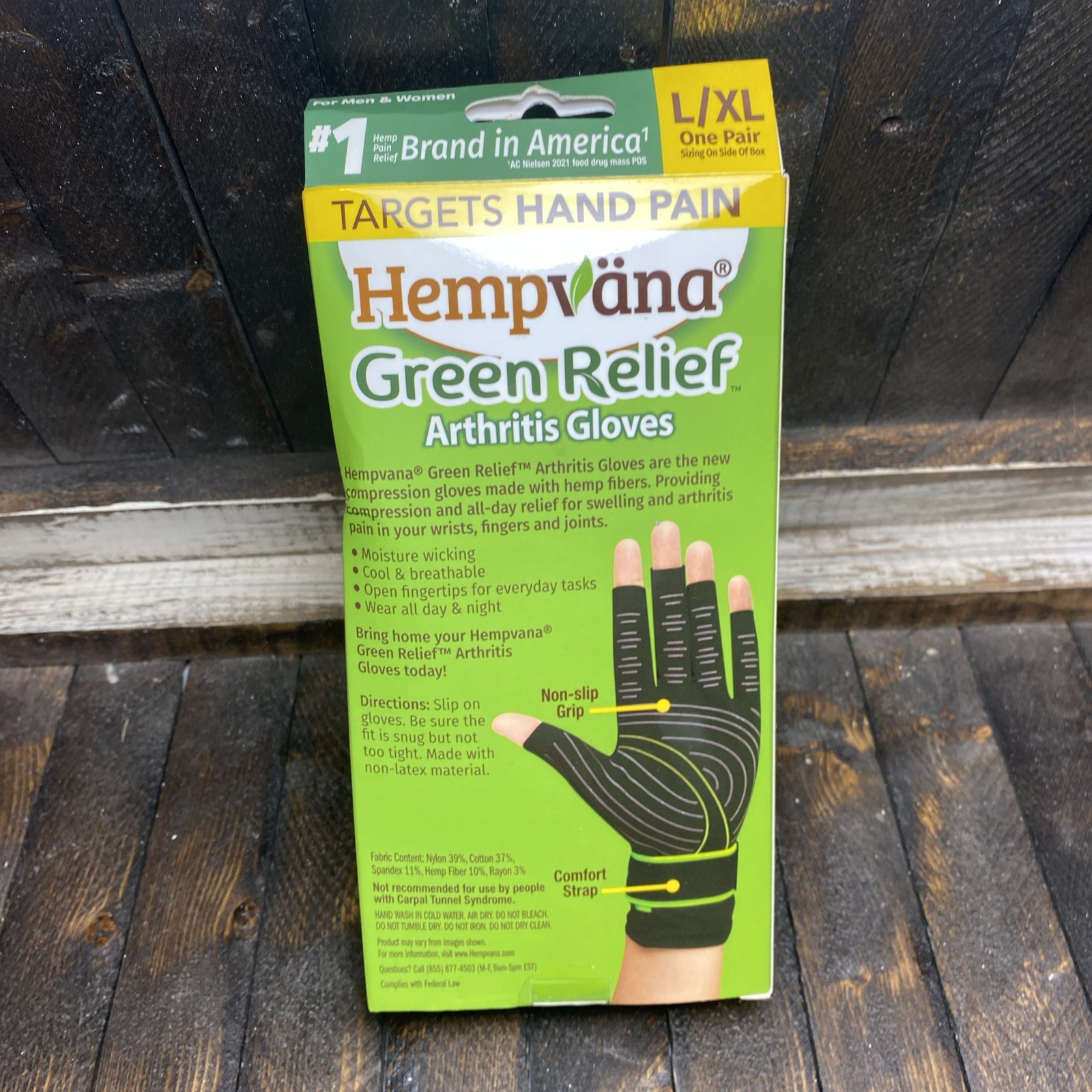 1 Pr Hempvana Sz L/XL Arthritis Hemp Gloves Unisex Adult W/Comfort Strap