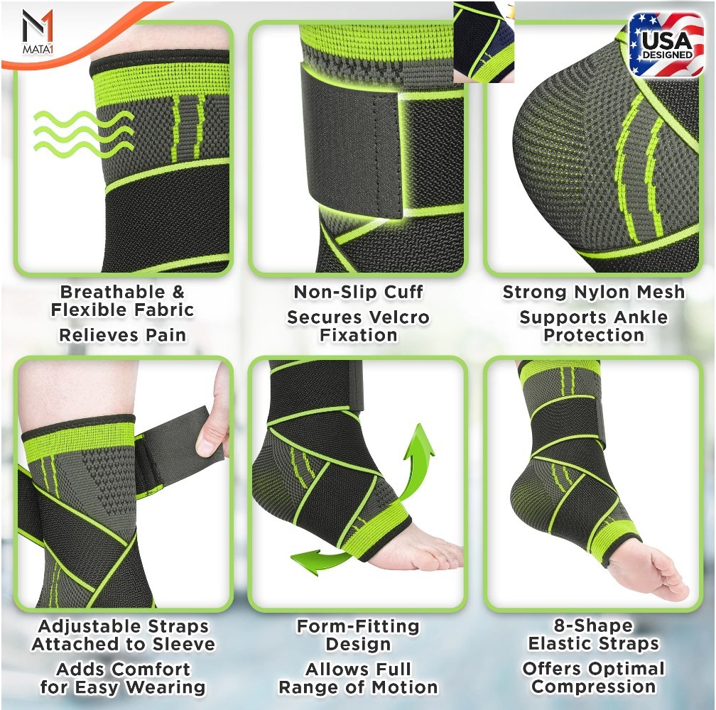 Mata1 – Ankle Brace for Plantar Fascitis Sprain Achilles – Black/Green- One Size
