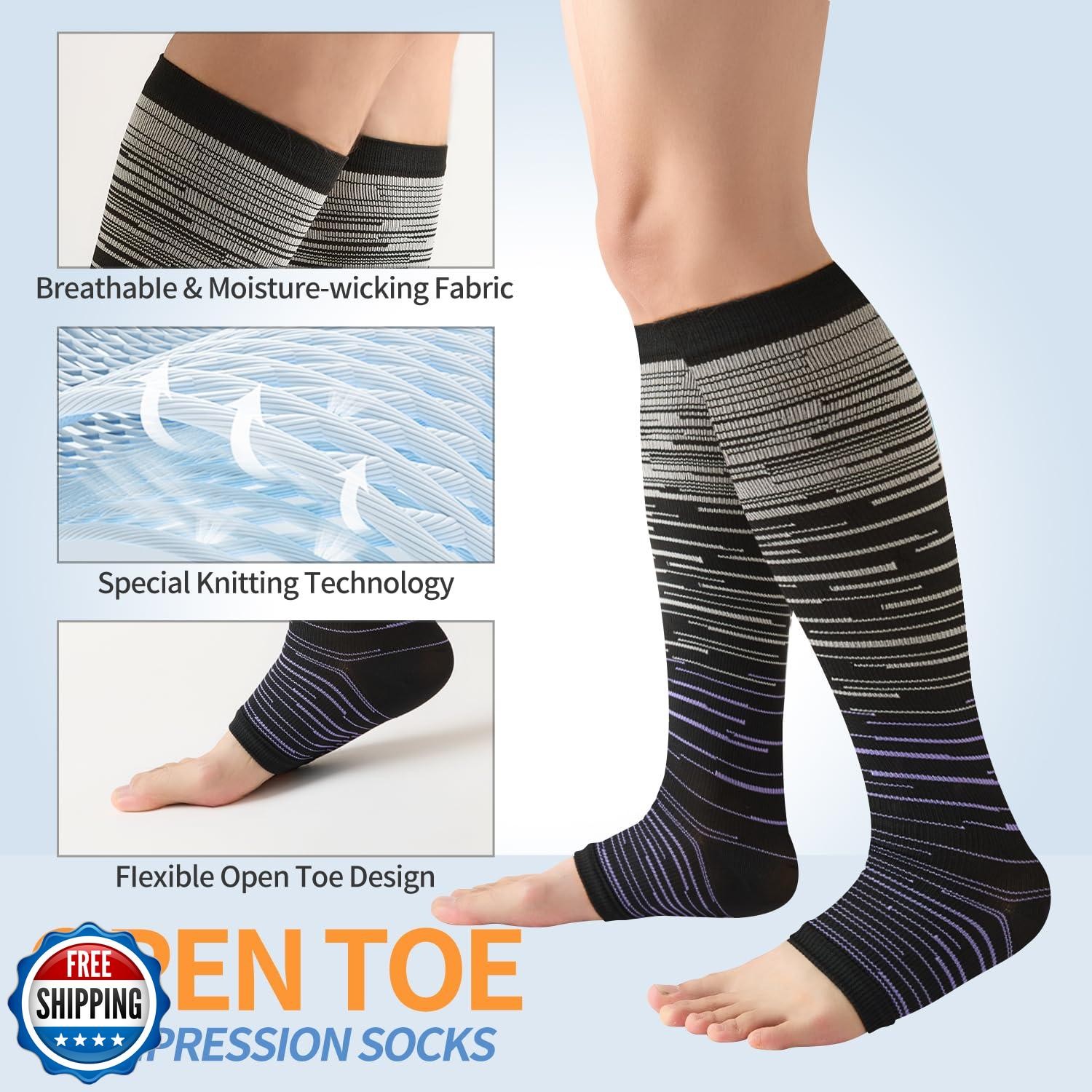 Owcorowan 3 Pairs Open Toe Compression Socks for Men and Women – 15-20 mmhg K