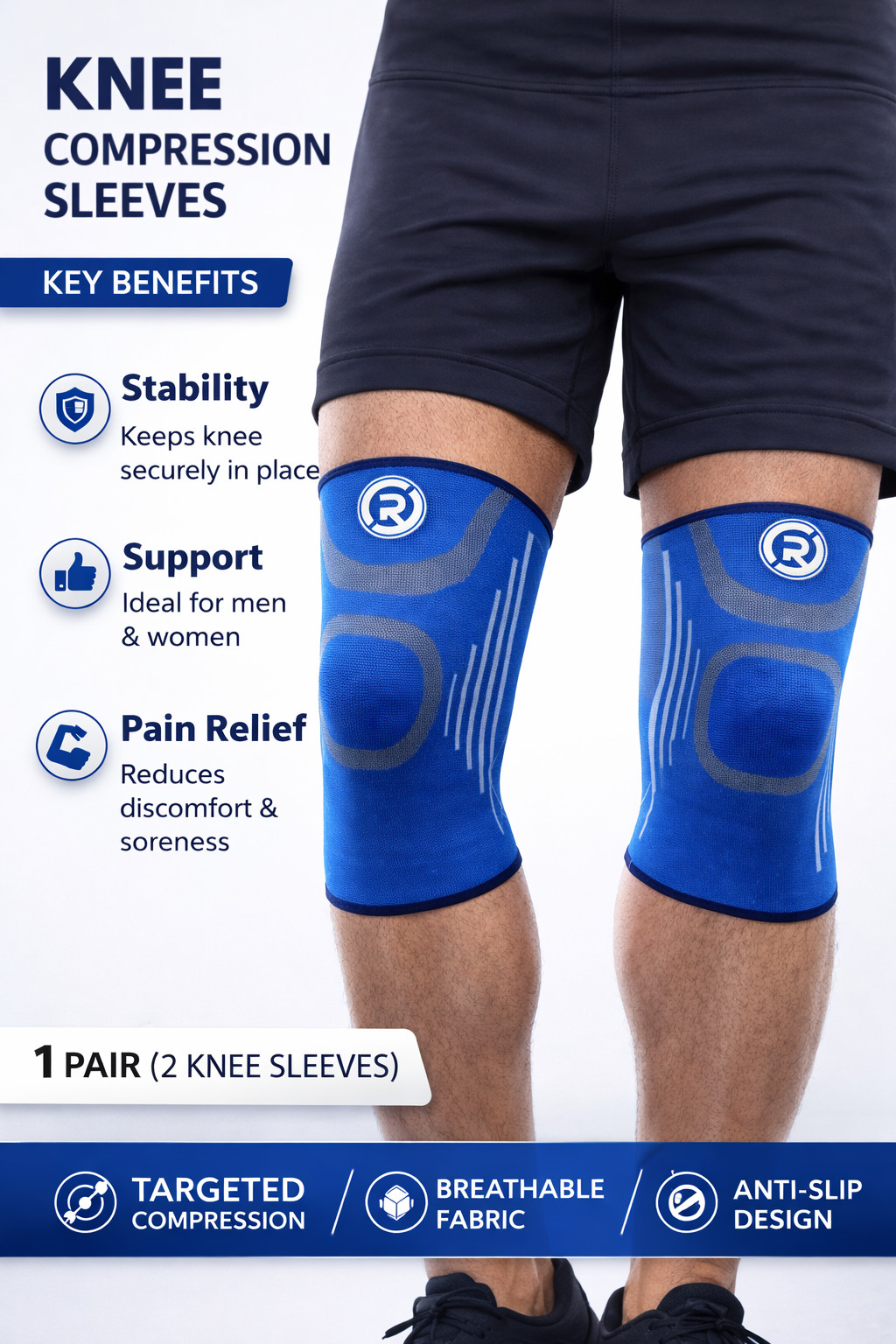Knee Compression Sleeves (Pair) Arthritis Meniscus Running Workout Pain Support