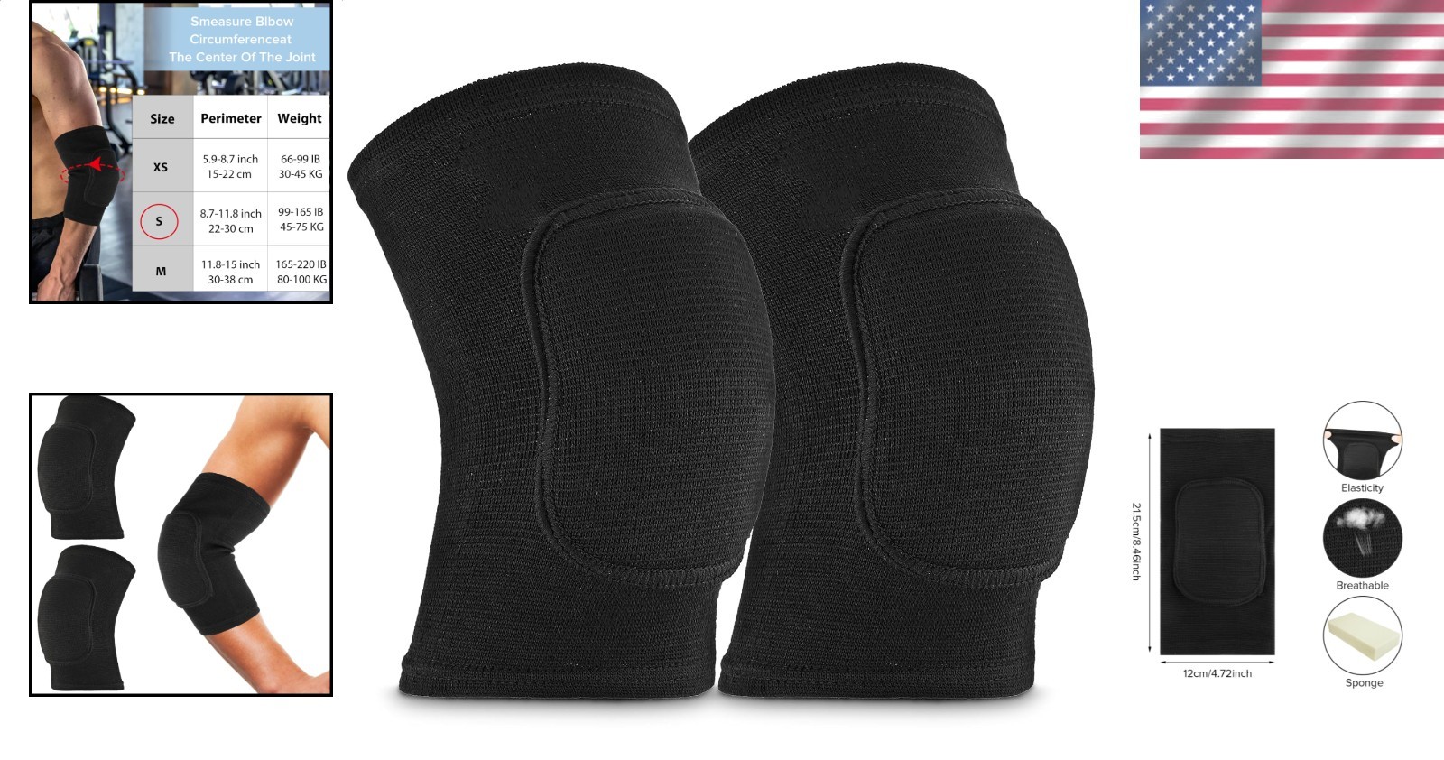 2pk Small Full Black Breathable Compression Elbow Pads Brace Support for Sports