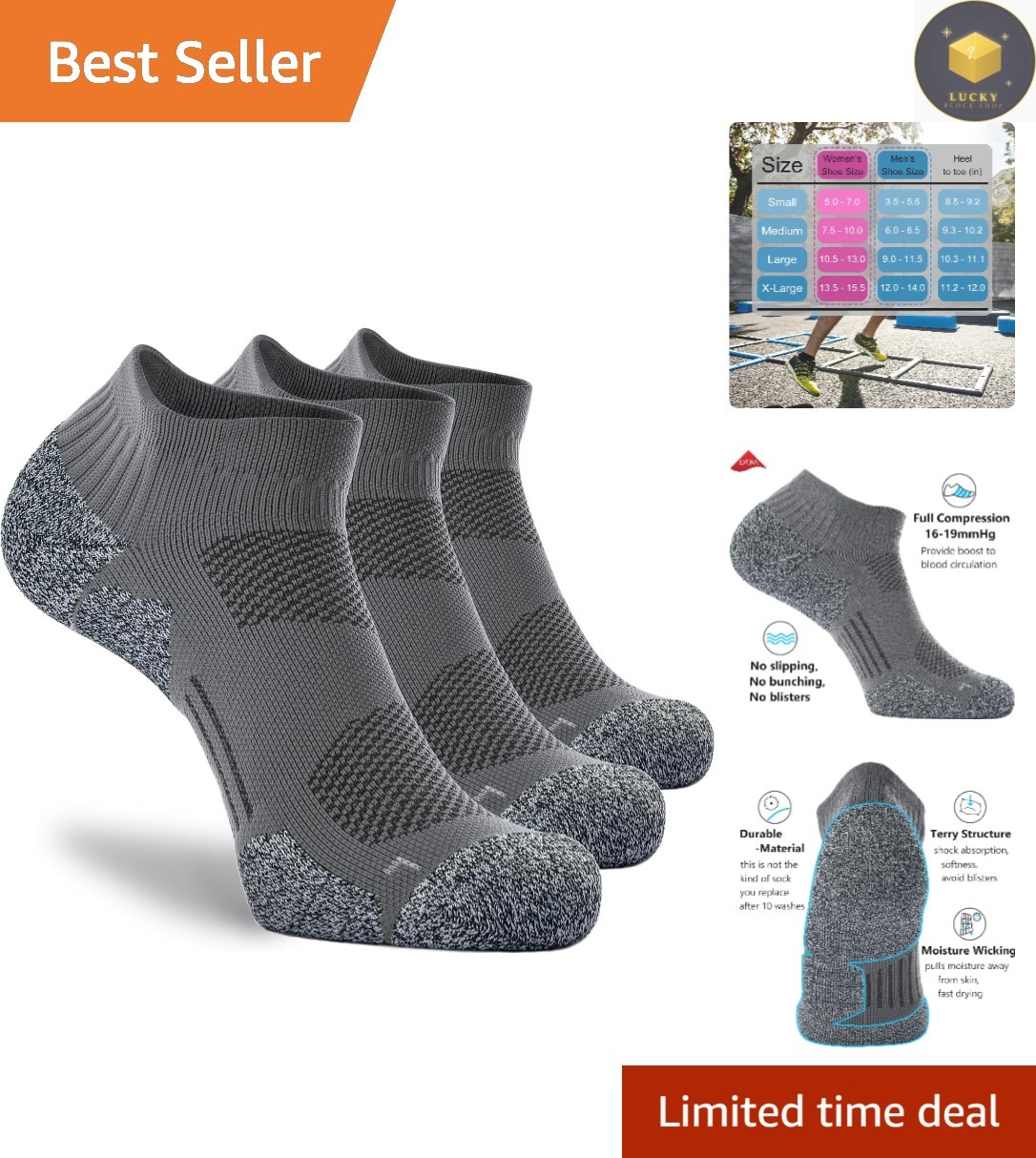 Moisture-Wicking No-Show Compression Athletic Socks for Active Lifestyle 3-Pack