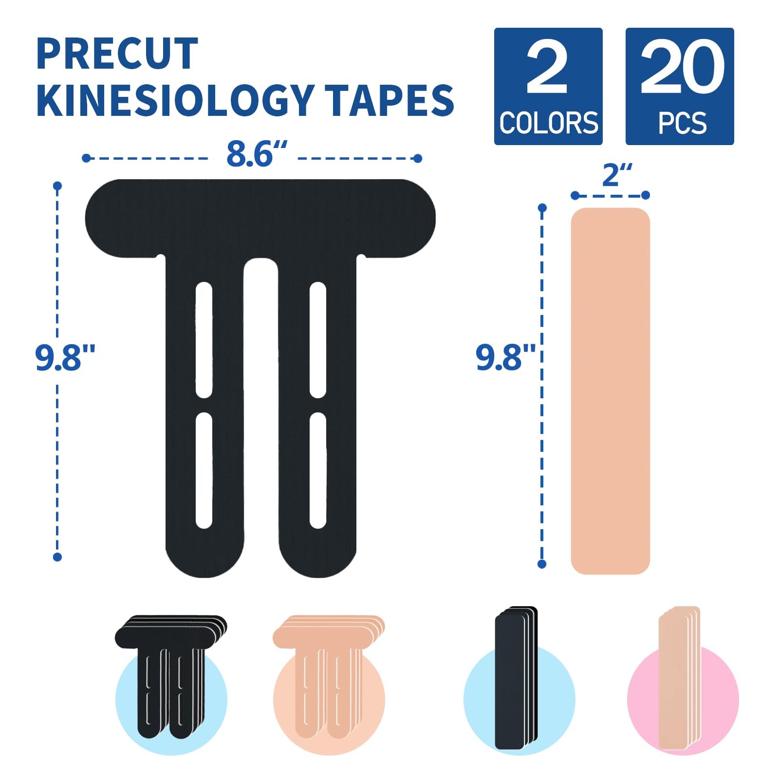 Kinesiology Tape Precut Strips for Knee and Shoulder Pain Relief (Black and B…