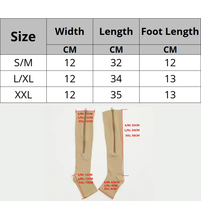 Nylon Zipper Compression Socks Support Graduated Stockings Mens Womens 20-30mmHg