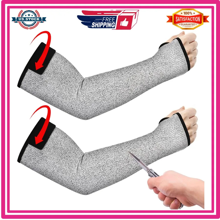 1 Pair Cut Resistant Arm Sleeves with Thumb Hole for Gardening Welding Grey