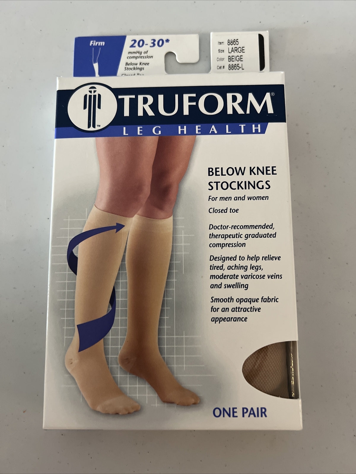 Truform 20-30 Below Knee Compression Stockings Closed Toe Beige Size Large 8865L