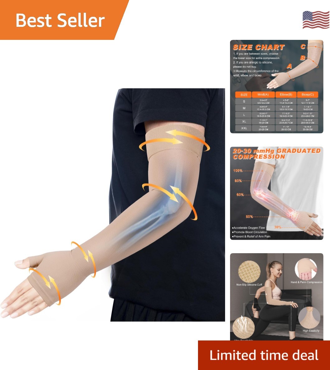 Breathable Lymphedema Support Arm Sleeve with Gauntlet – X-Large for Men & Women