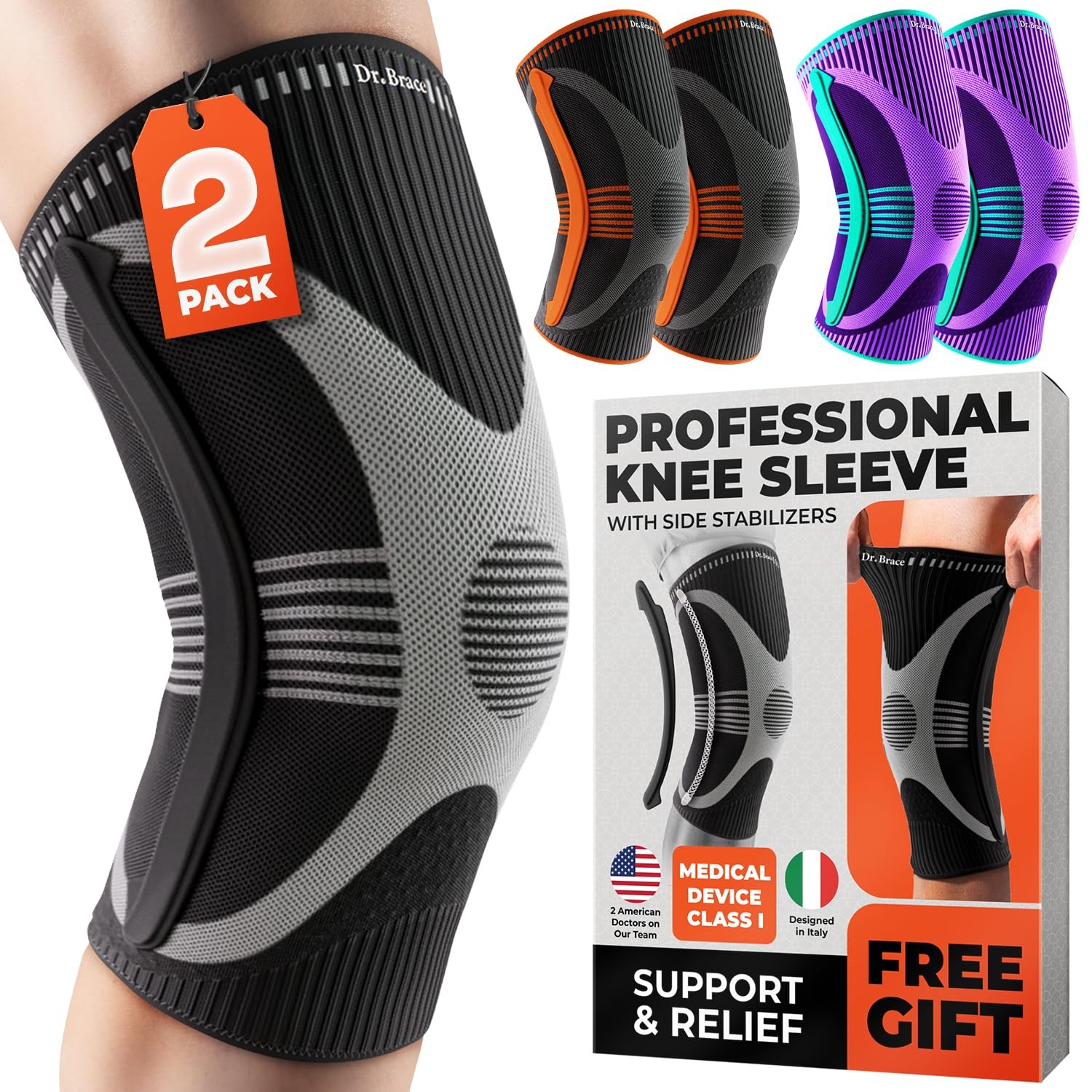 DR. BRACE ELITE Knee Brace with Size Stabilizer (2 Pack) Large, A Mercury