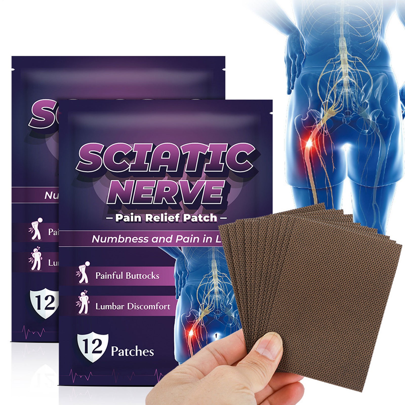 12Pcs Sciatica Pain Relief Patches Nerve Bone Hip Ache Muscle Joint