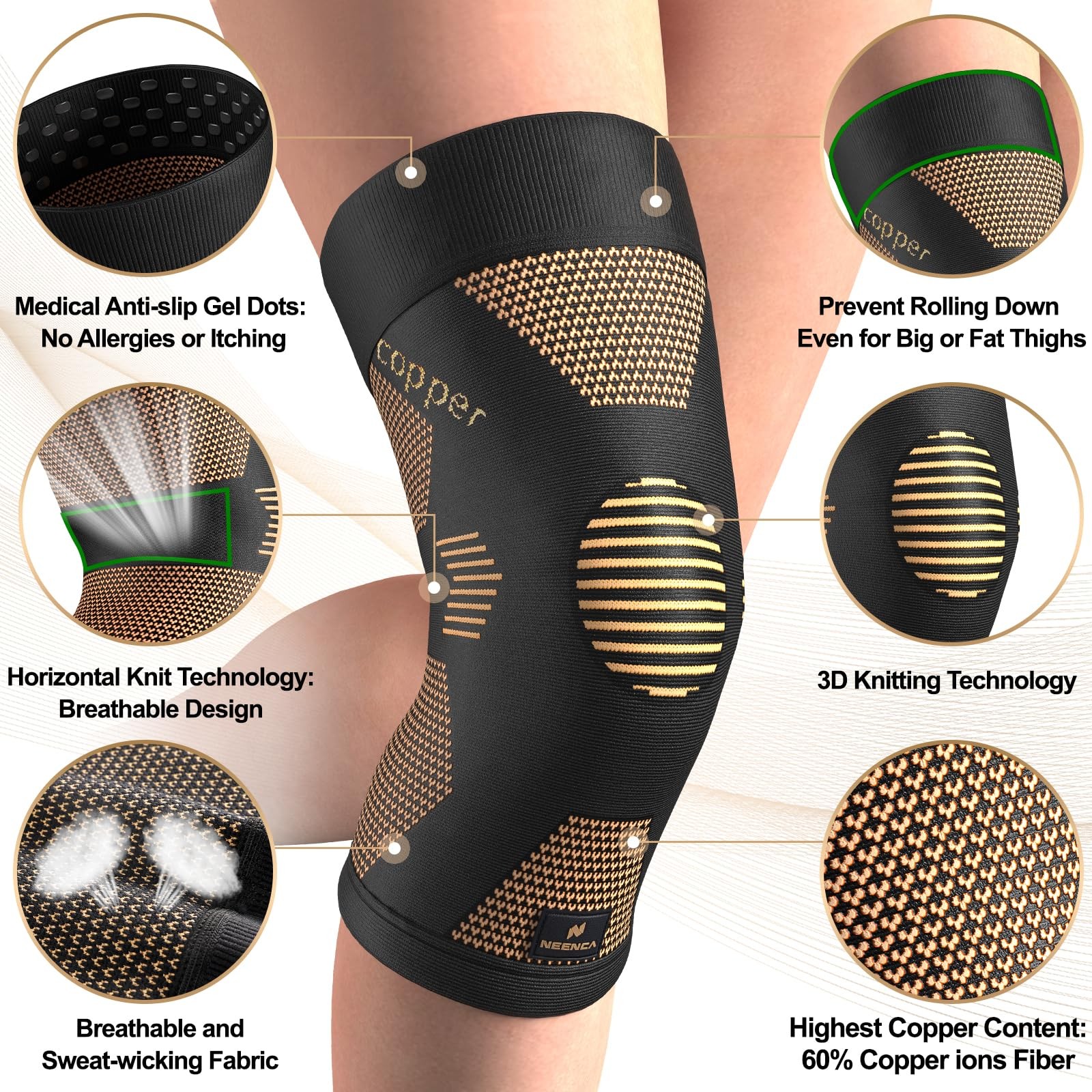 NEENCA Copper Knee Brace for Women and Men, Large, High Copper-Single
