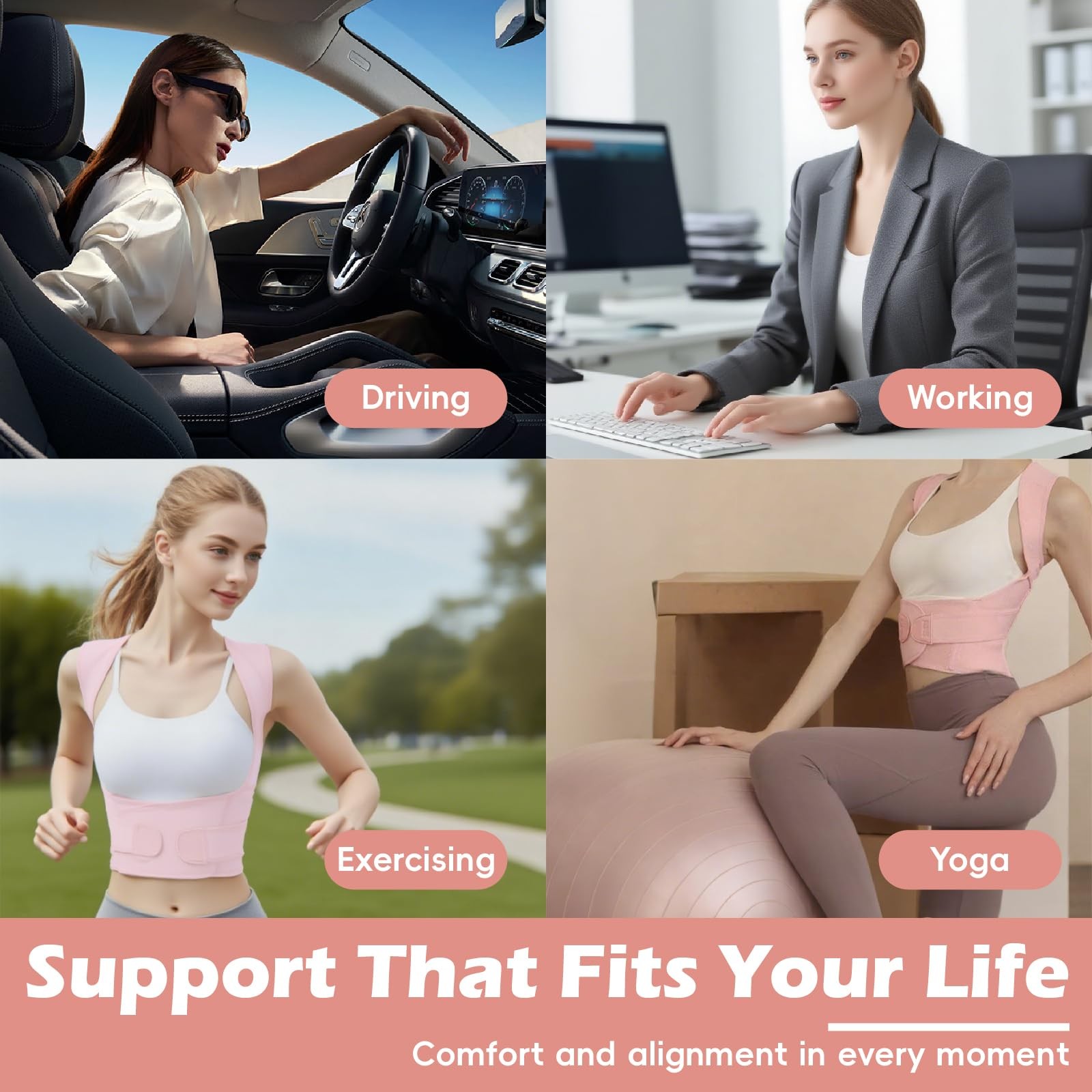 LuxuMach Posture Corrector for Women & Men, Full Back Brace Medium, Pink