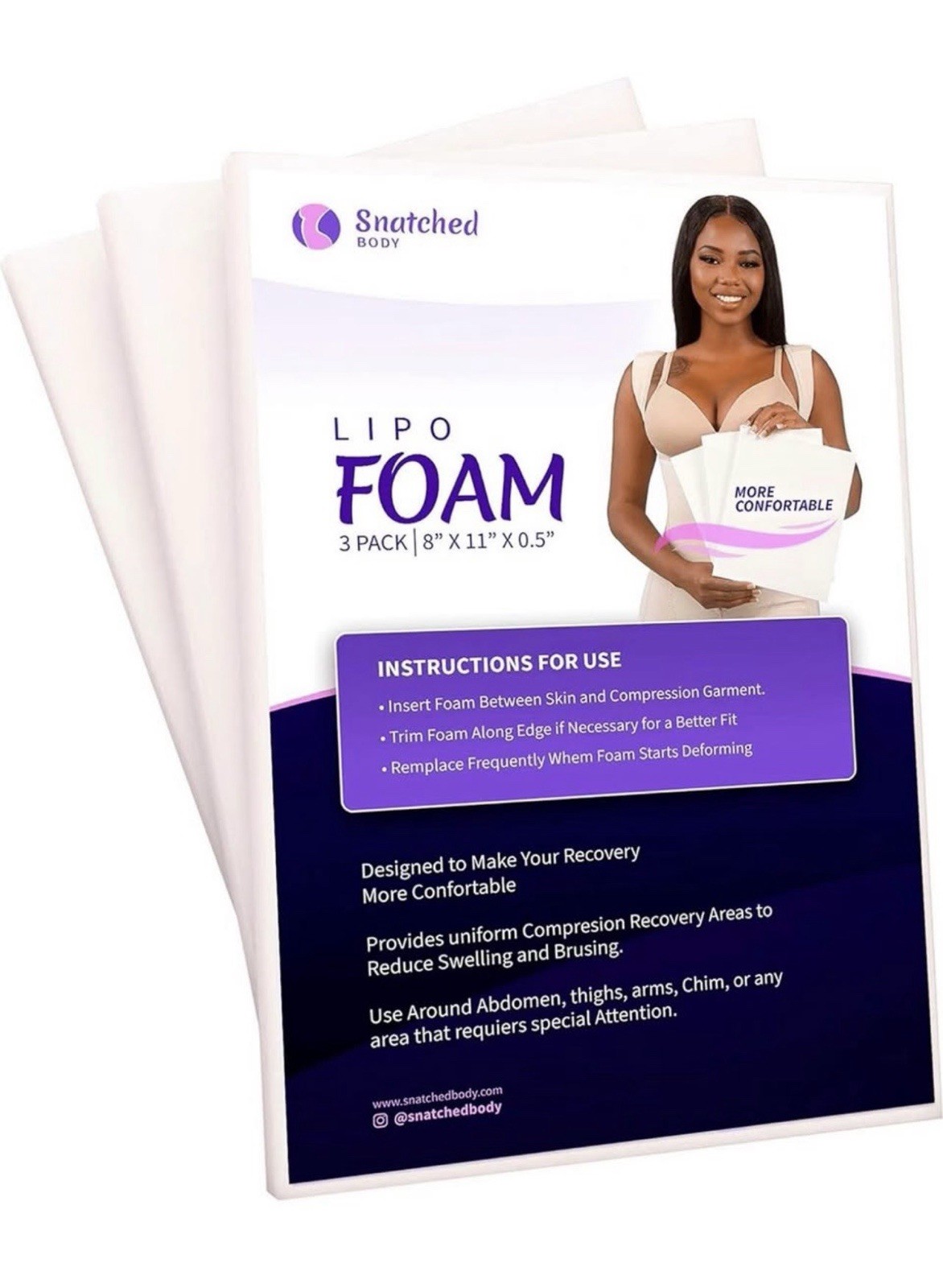 Snatched Body Lipo Foam Compression Pads 3 Pack 8x11x0.5in Recovery Trim to Fit