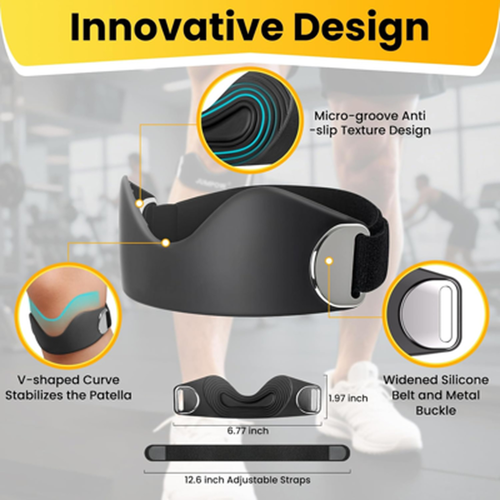 Patellar Tendon Support Strap 2 Pack Adjustable Non-Slip Silicone Knee Brace for