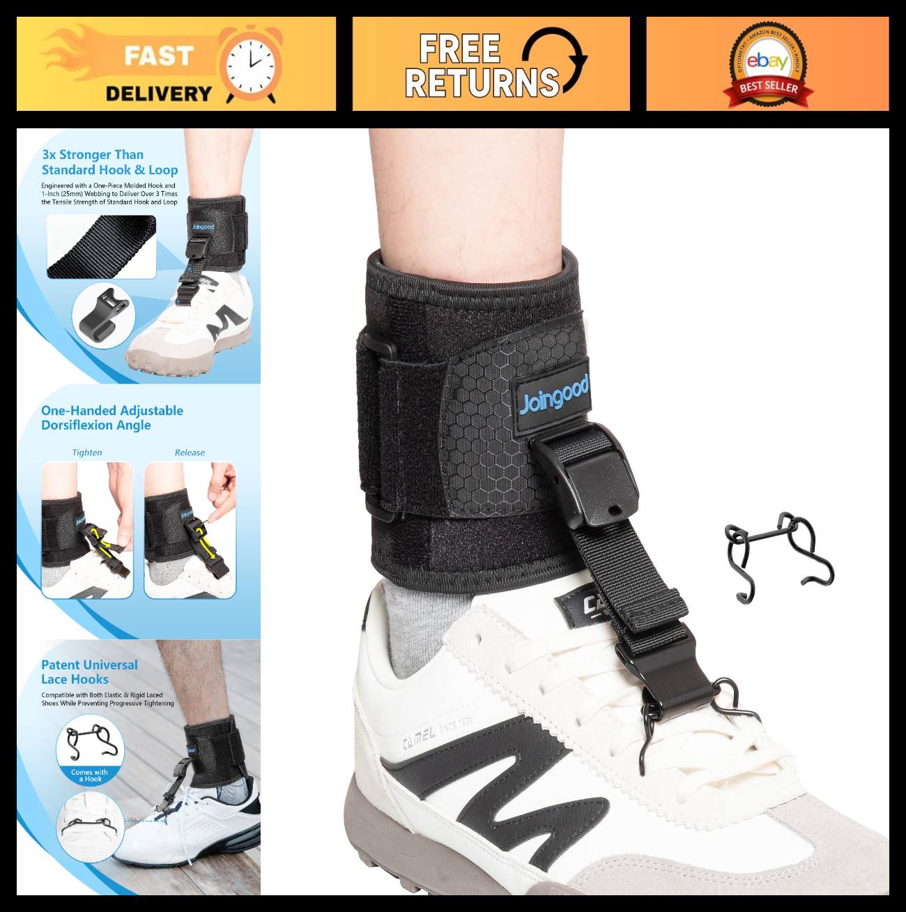 Adjustable AFO Foot Drop Brace for Walking, Zinc Alloy Hook, Fits Left/Right, S/