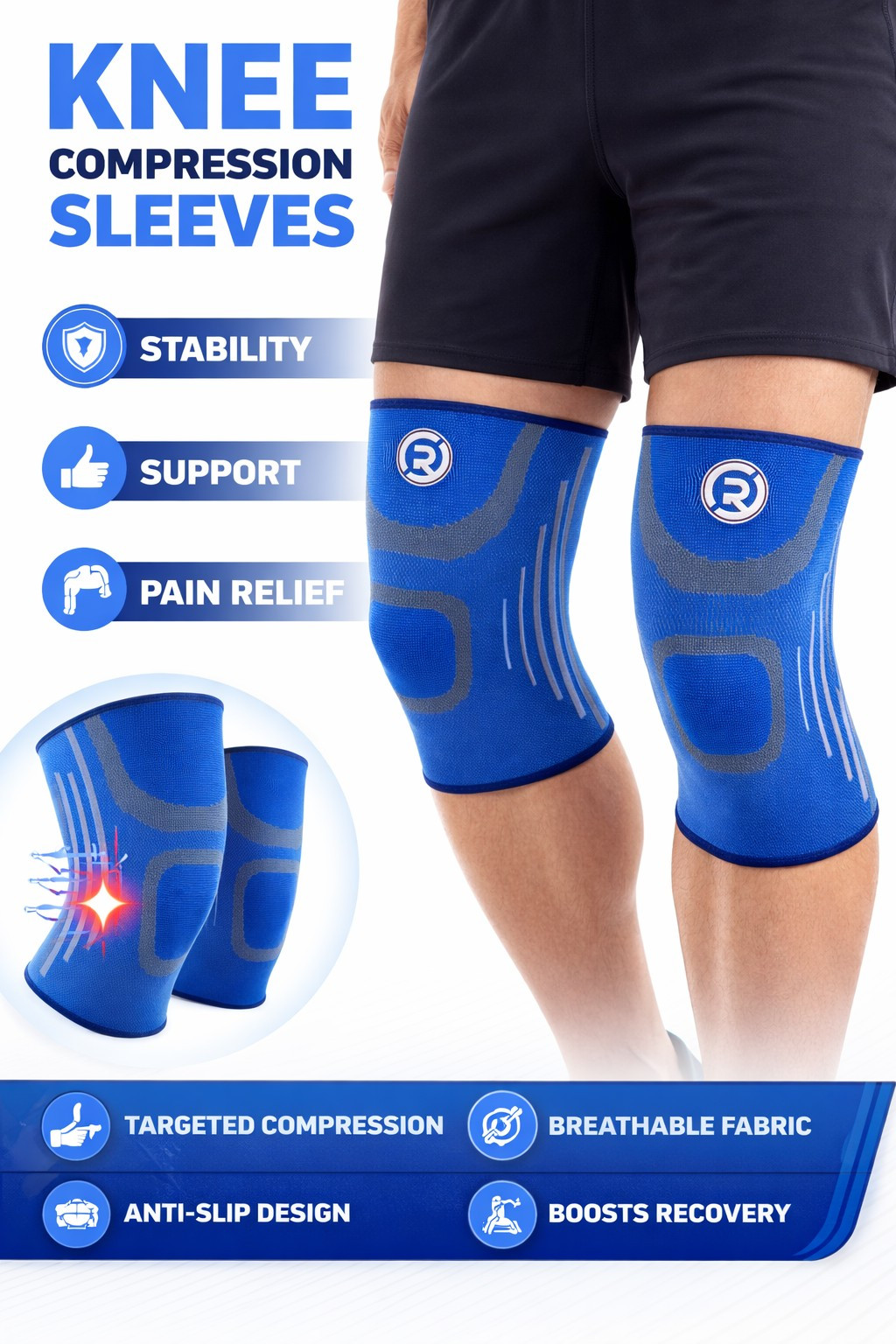 Knee Compression Sleeves (Pair) Arthritis Meniscus Running Workout Pain Support