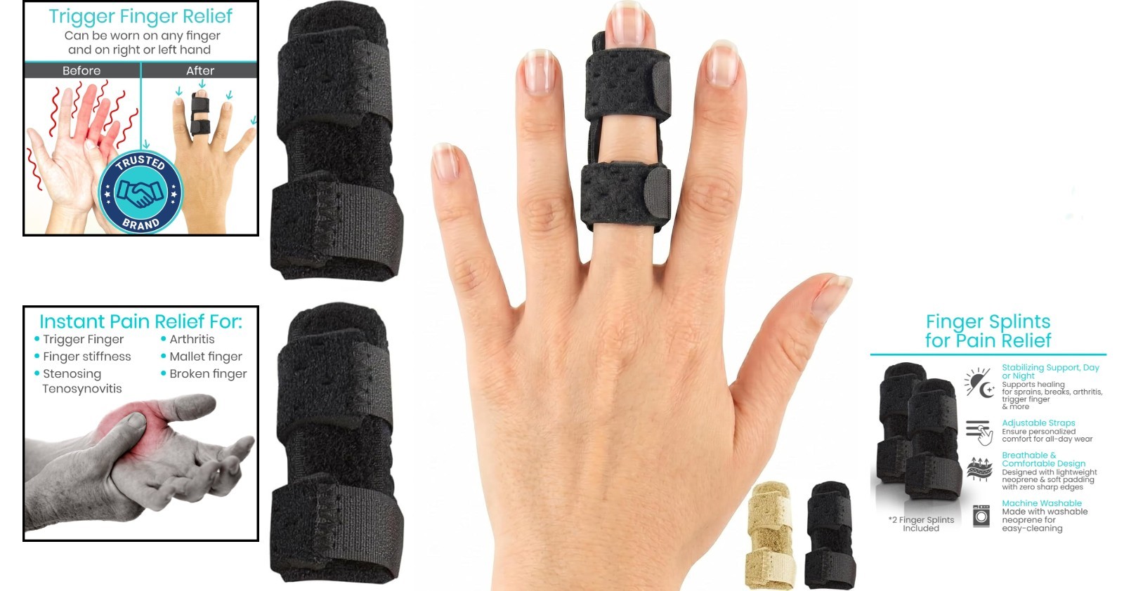 2 Pack Finger Splint-Universal Finger Straightener – Broken & Trigger – Black