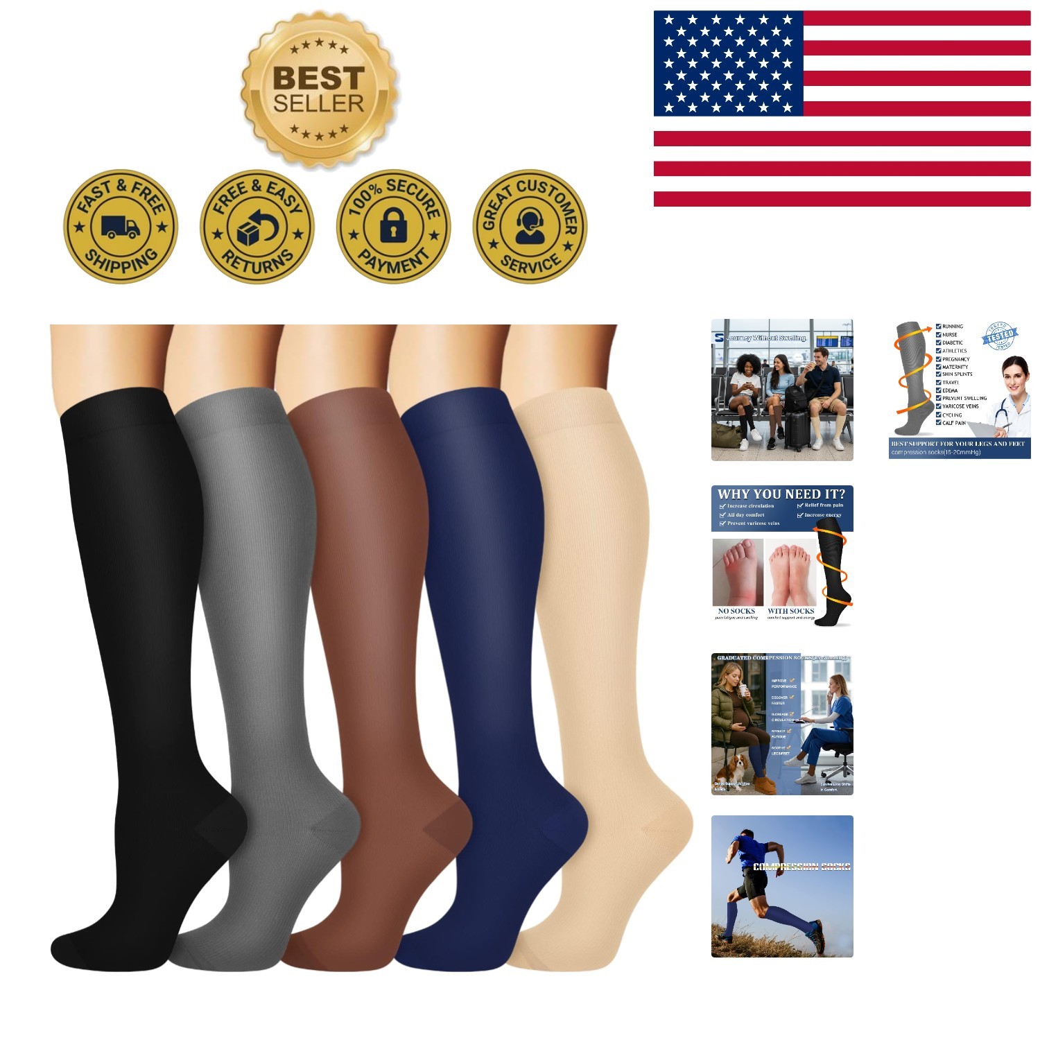 5-Pack Athletic Compression Socks for Running and Recovery – Best Fit for All