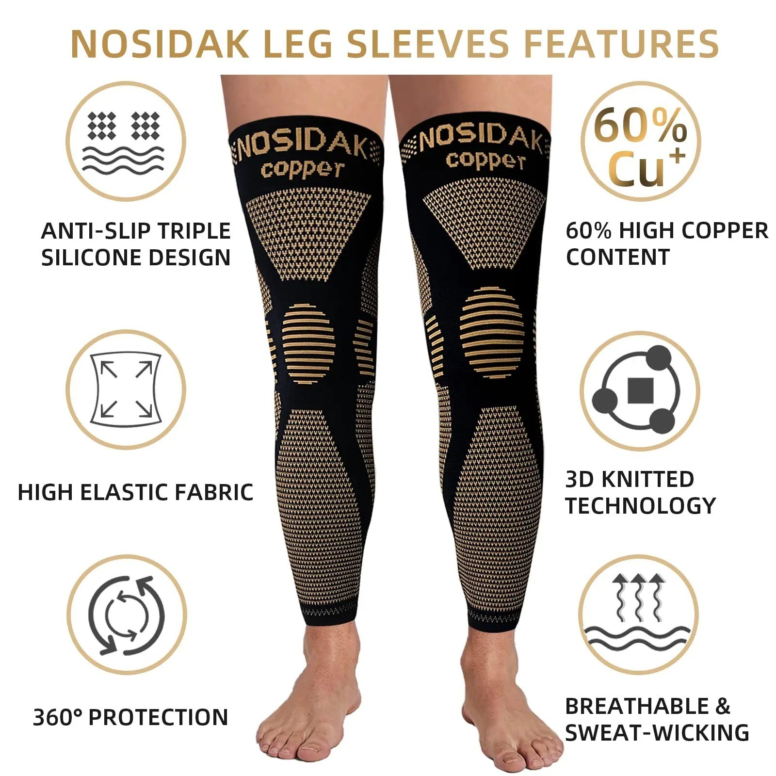 Copper Compression Knee Sleeve Full Leg Support Knee Brace Breathable Knit