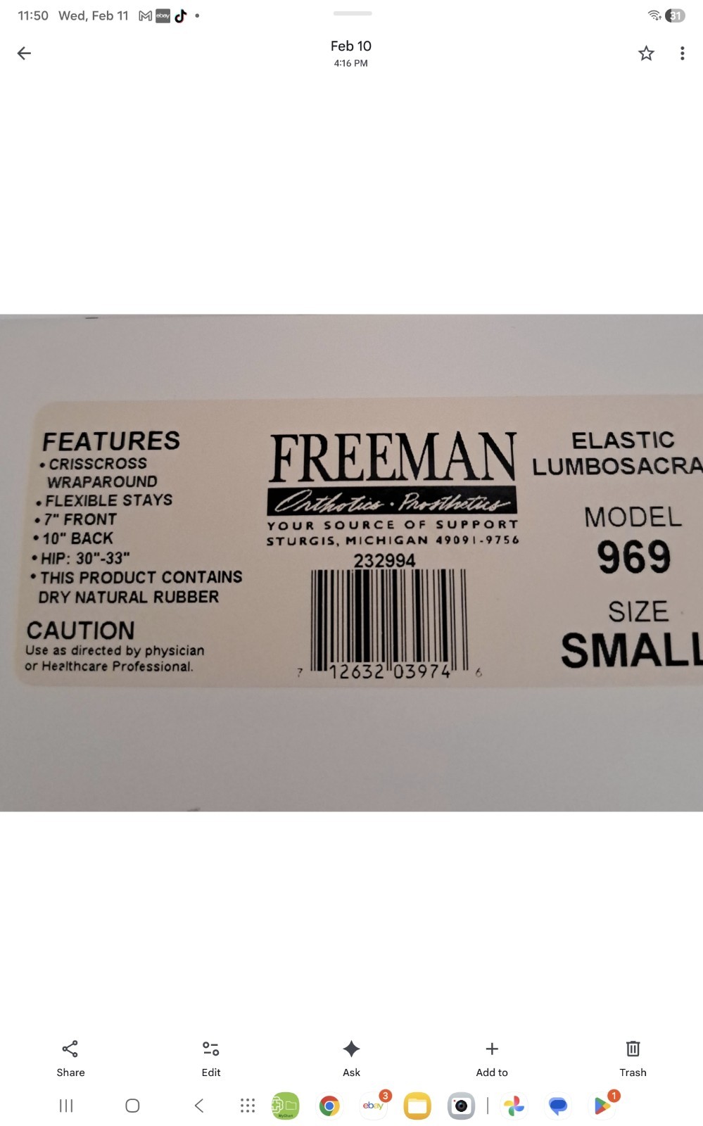 Lumbar Support brace belt. Freeman model 969 Size Small (Measurement In Photos)