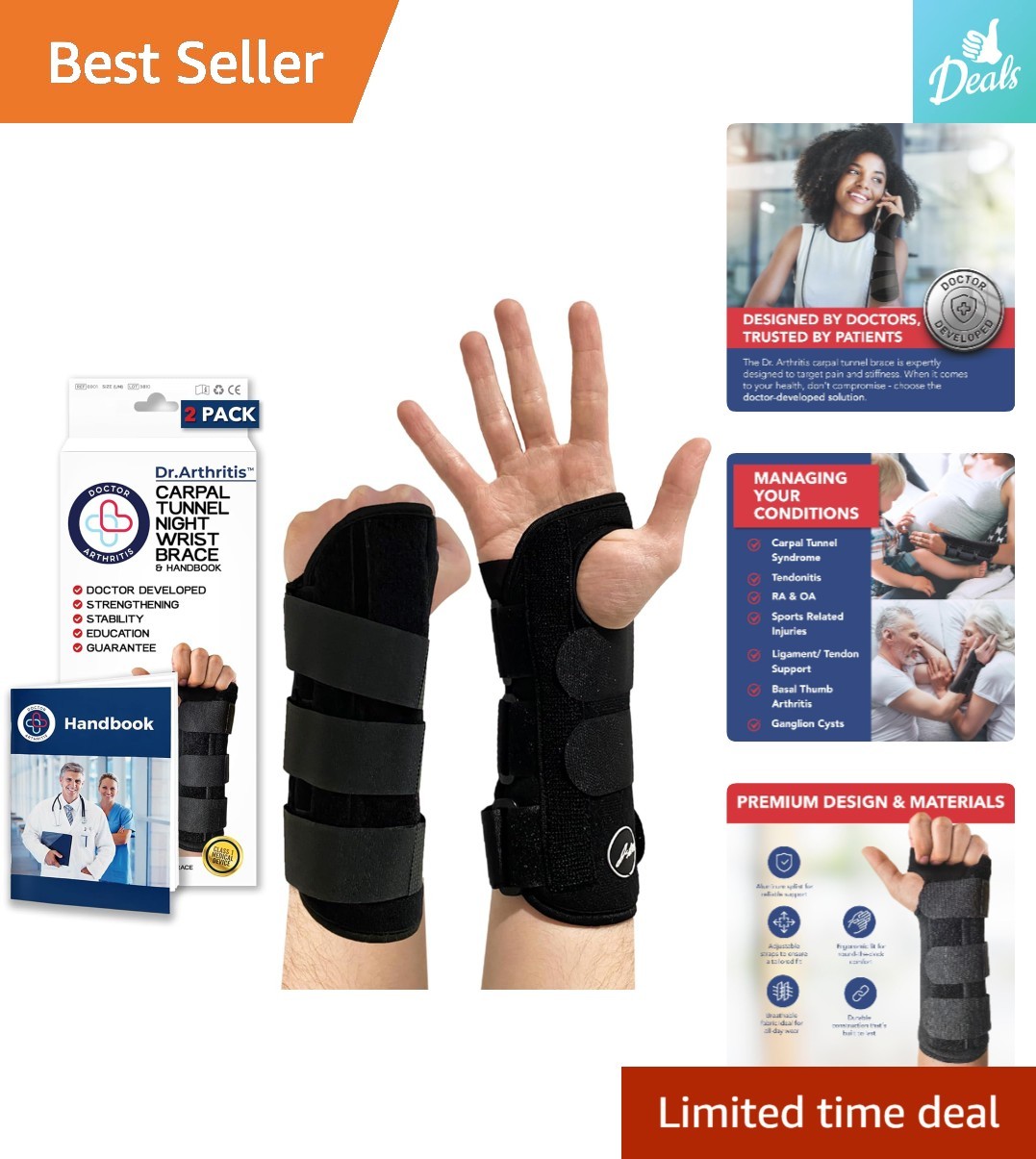 Breathable Adjustable Wrist Wrap for Carpal Tunnel – Includes Medical Handbook