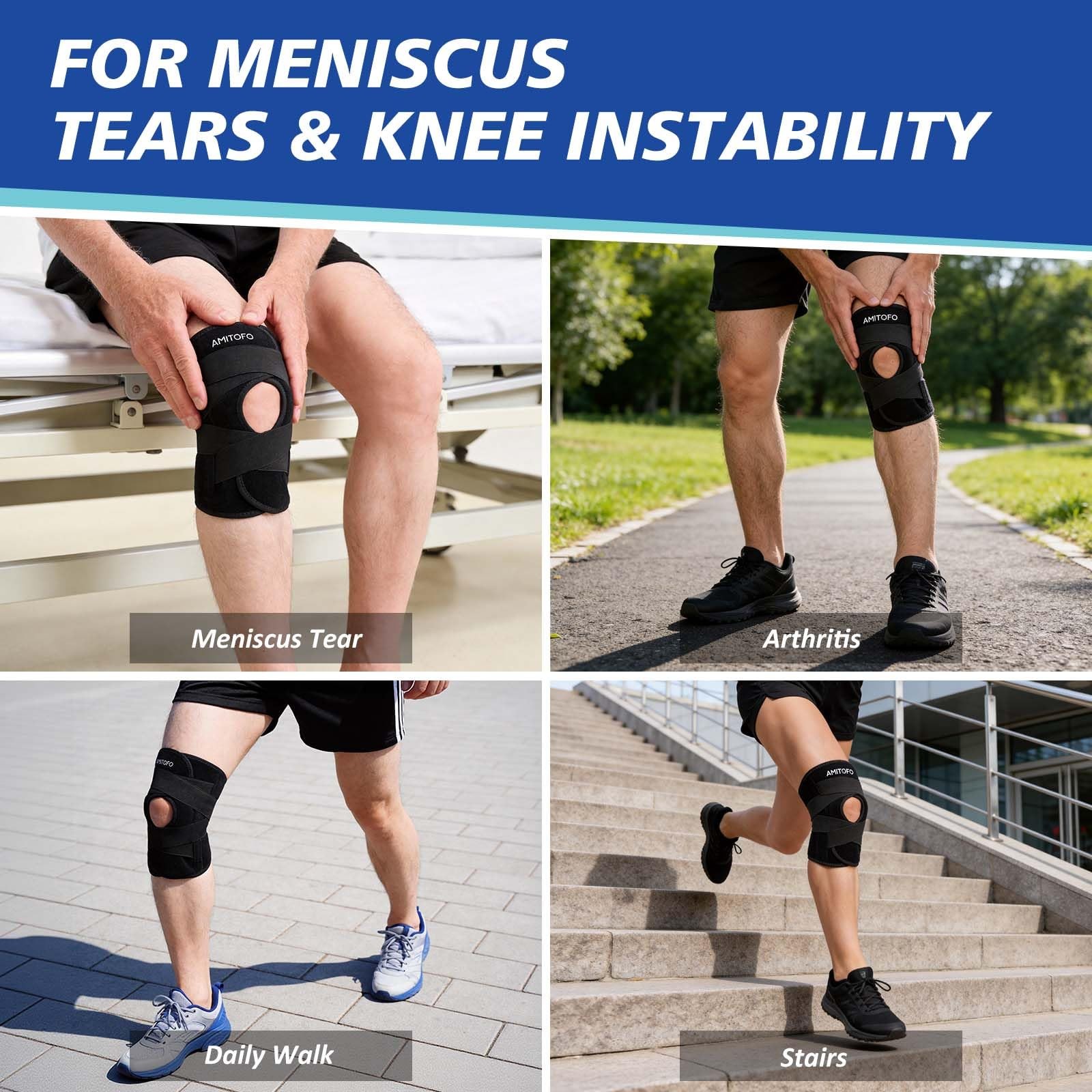 AMITOFO Knee Brace for Meniscus Tear, Spring Stabilizers Medium, Black