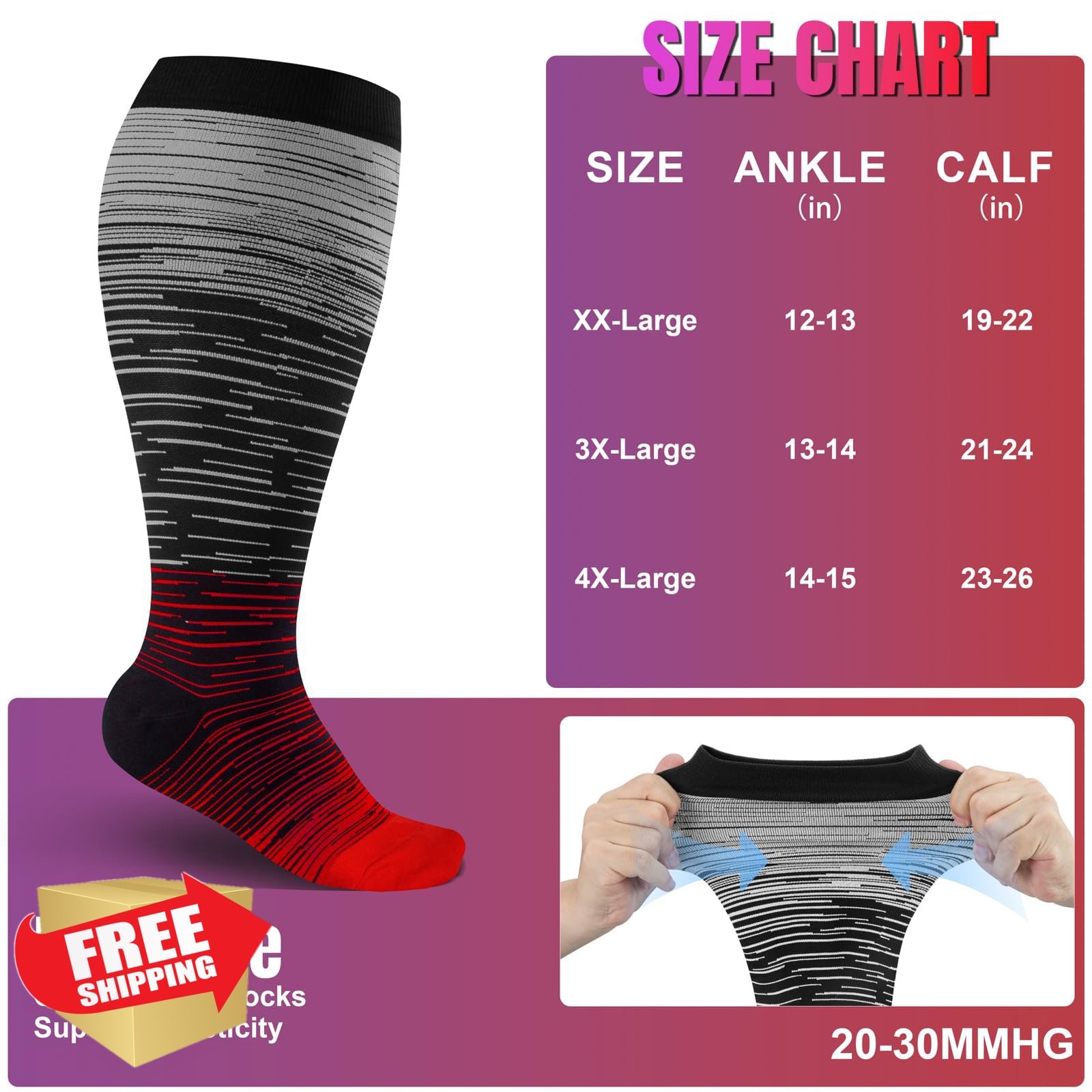 bropite Plus Size Compression Socks 3/4 Pairs Wide Calf 20-30mmHg Men Women
