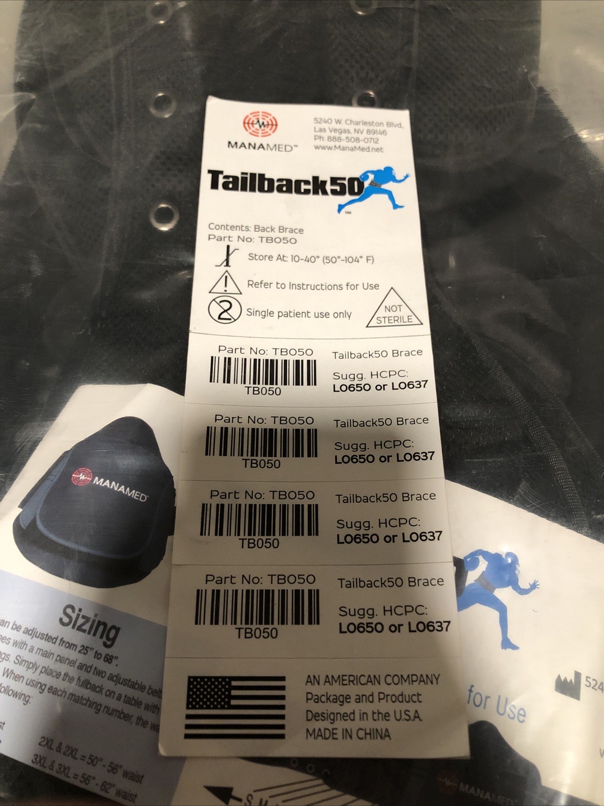 MANAMED Tailback 50 Universal Back Brace Adjusts 25″ to 68″ S-4XL TB050-2 NEW