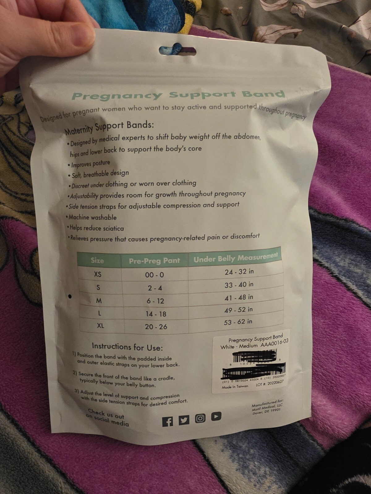 Motif Medical Pregnancy Back Brace Support Band Size Medium AAA0016-03 Sealed