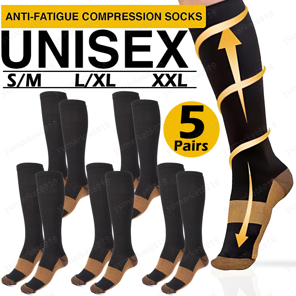 5 Pairs Copper Compression Socks 20-30mmHg Graduated Support Mens Womens S-XXL