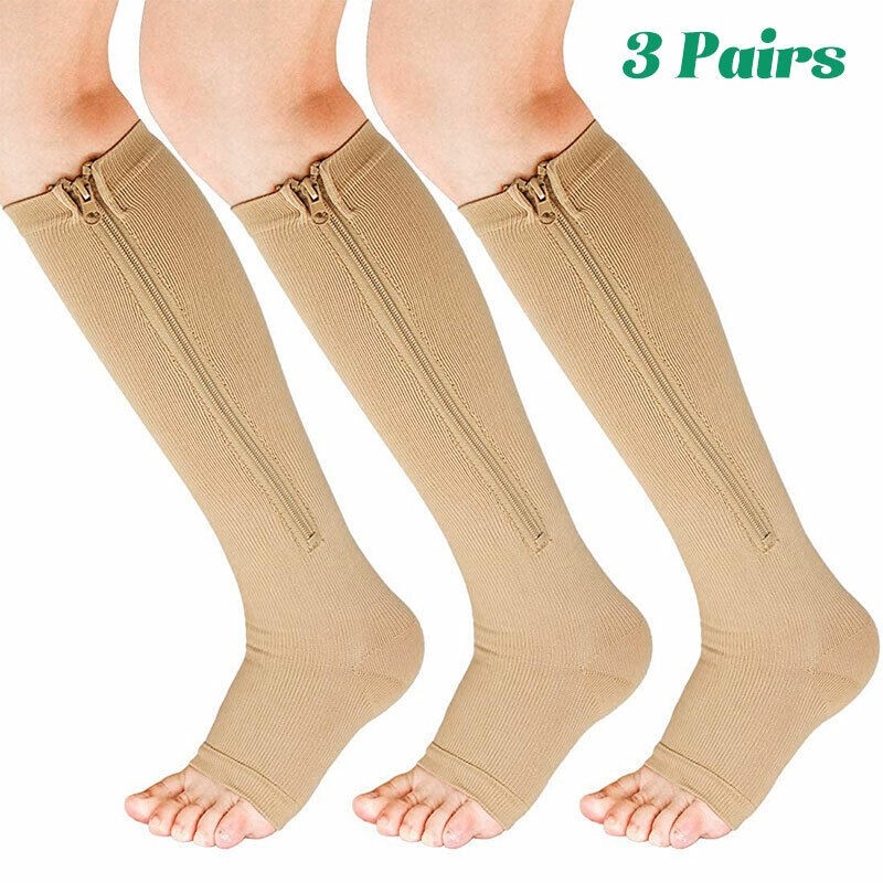 3Pair Open Toe Compression Socks 20-30mmHg Calf Leg Ankle Support Stocking–